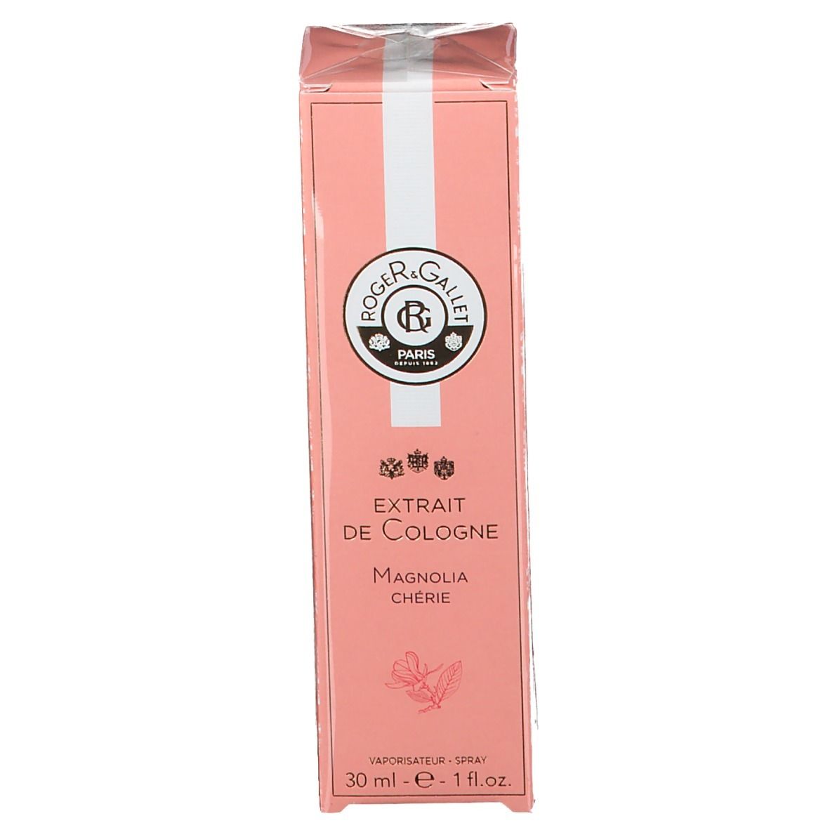 Roze doos met witte streep. Opschrift: Roger & Gallet, Extrait de Cologne Magnolia Chérie. Logo en productnaam.