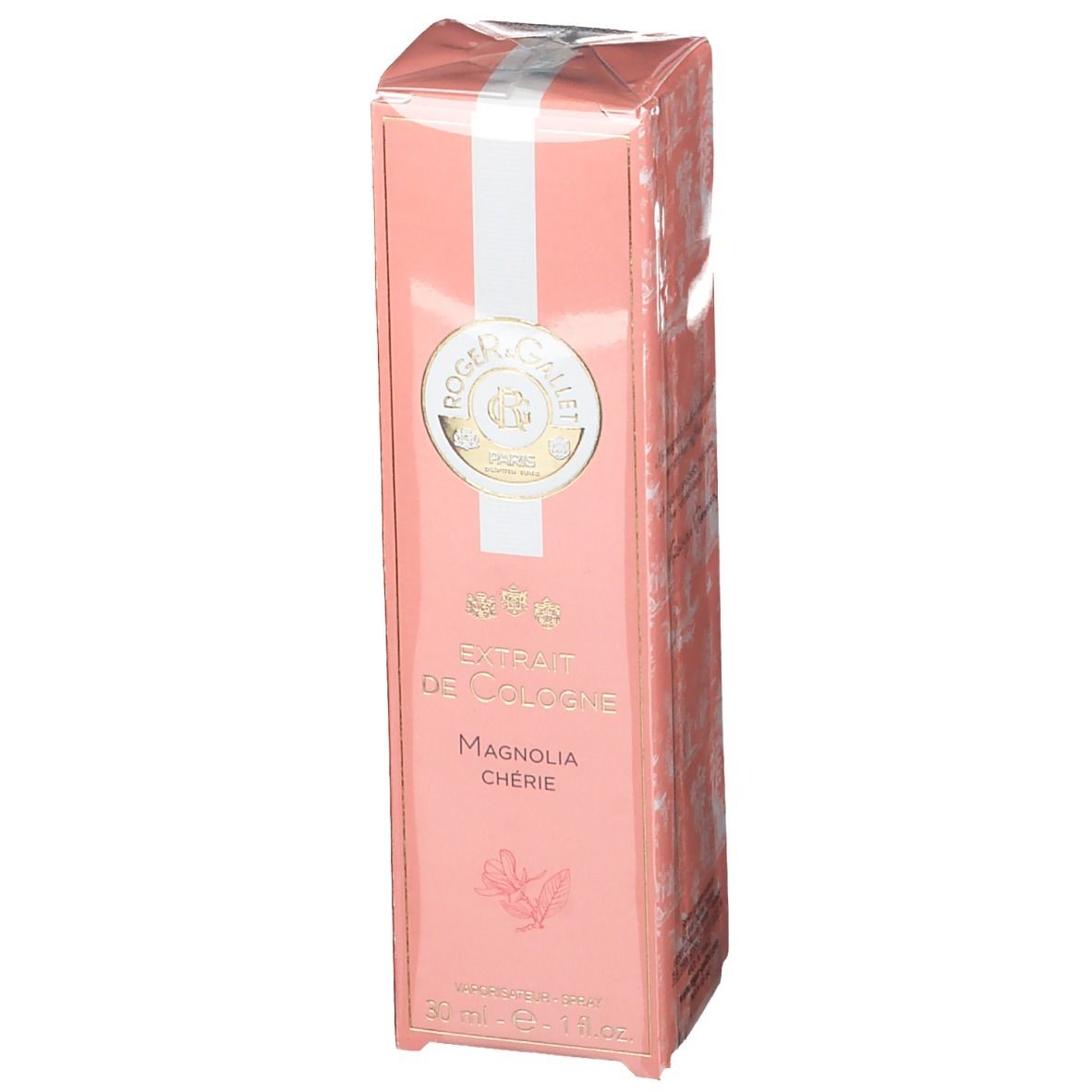 Roze doos met witte streep. Opschrift: Roger & Gallet, Extrait de Cologne Magnolia Chérie. Logo en productnaam.