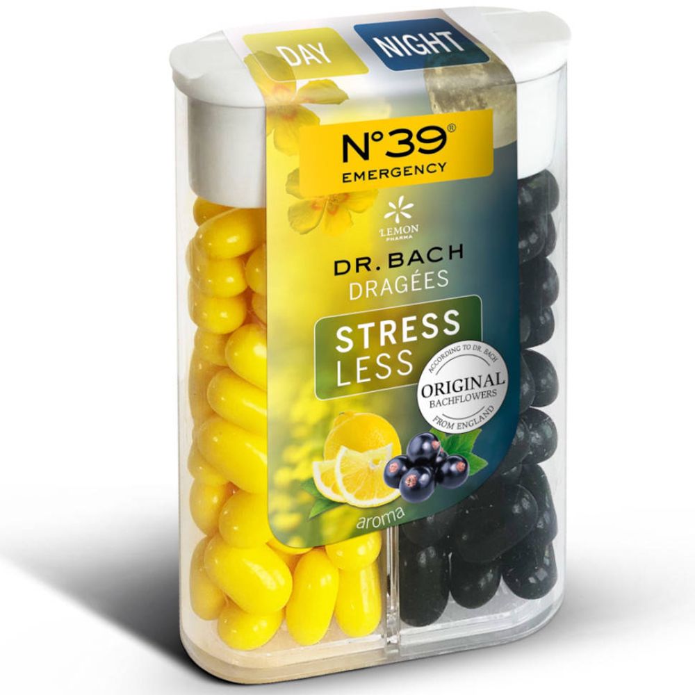 Boîte à deux compartiments avec dragées jaunes et noires. Inscription : N°39 Emergency, Dr. Bach Dragees, Stress Less.