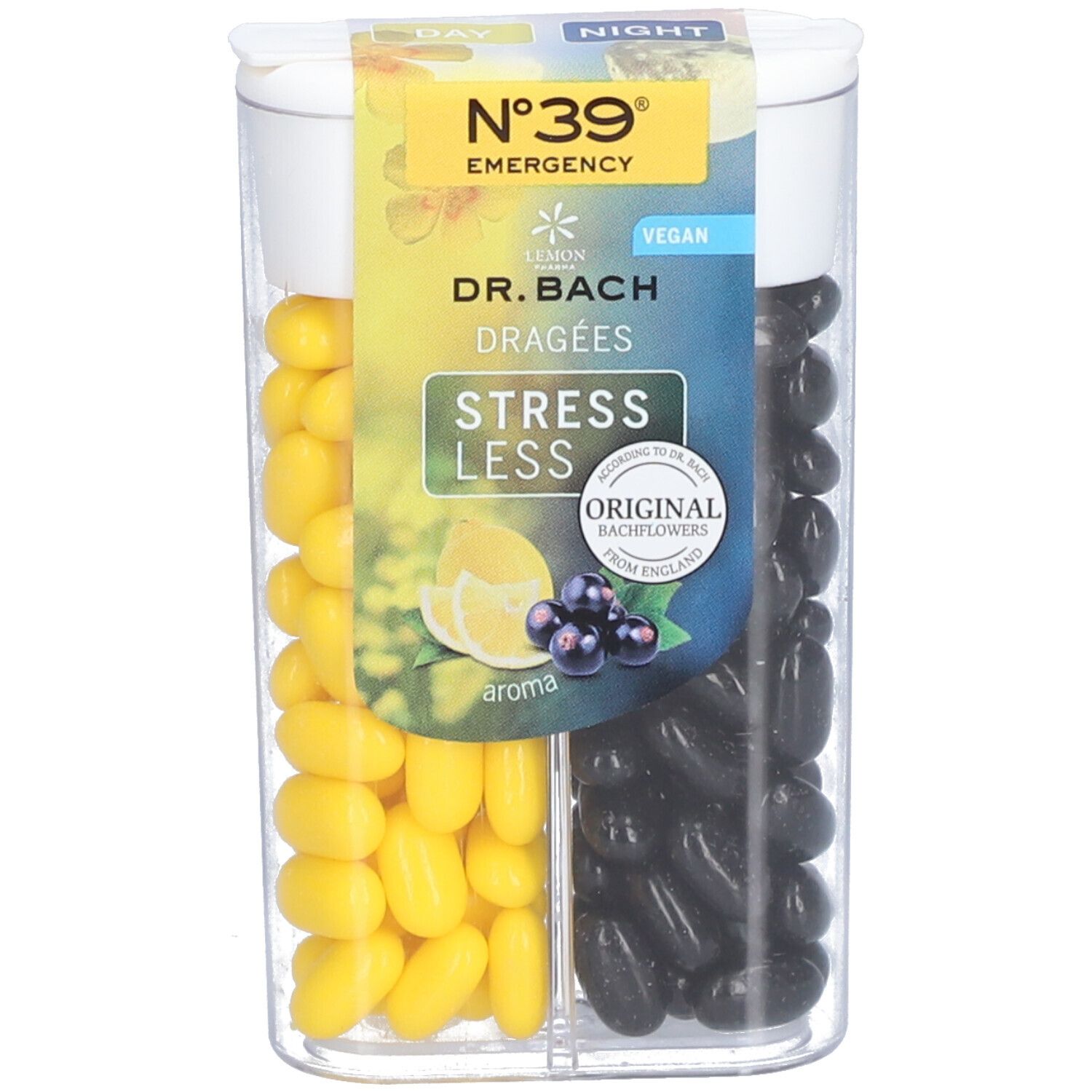 Boîte à deux compartiments avec dragées jaunes et noires. Inscription : N°39 Emergency, Dr. Bach Dragees, Stress Less, Vegan.