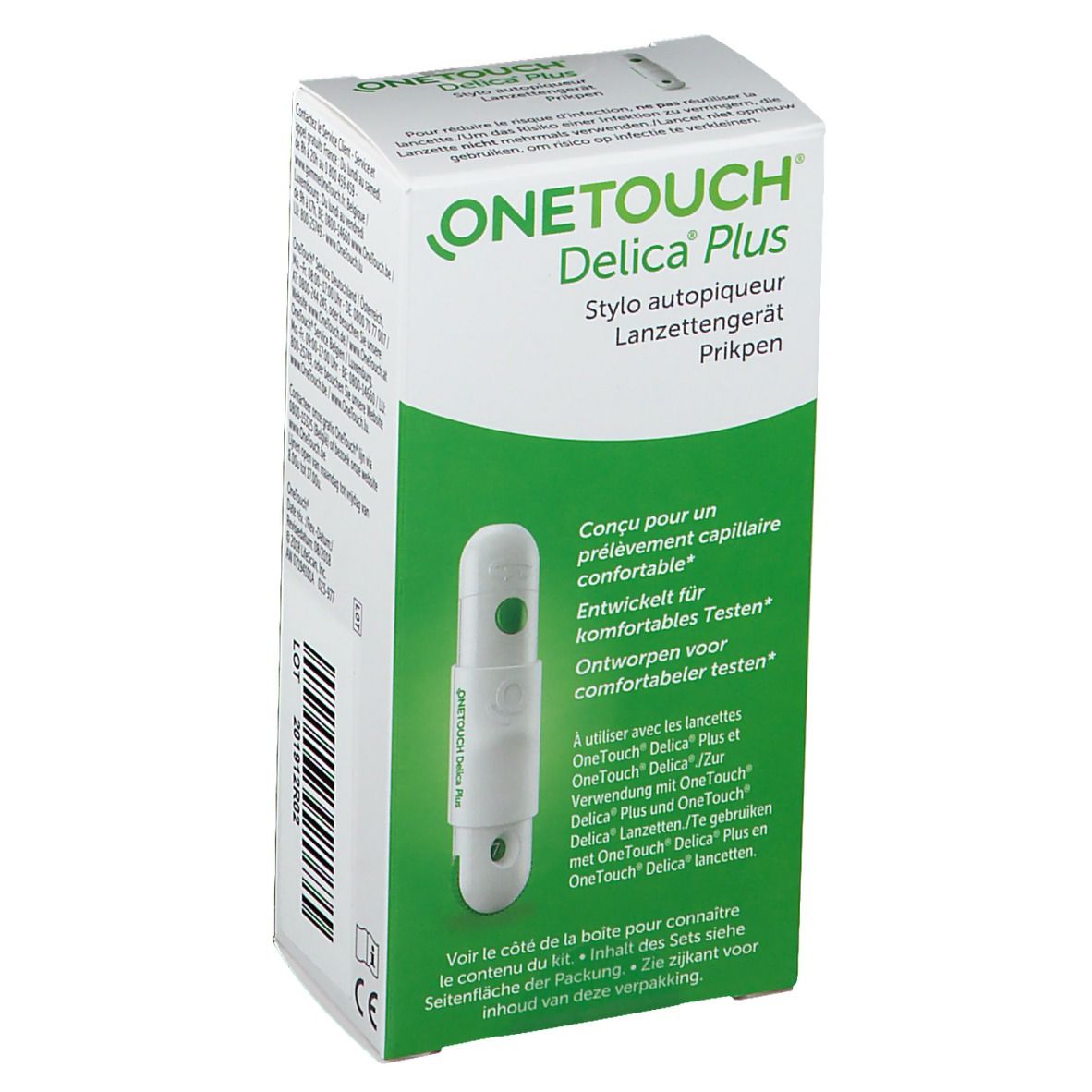 Boîte OneTouch Delica Plus. Boîte verte et blanche avec nom du produit et description.