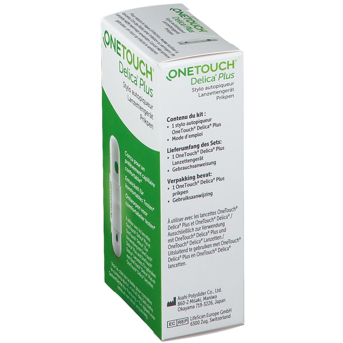 Boîte OneTouch Delica Plus, vue latérale. Informations produit et contenu de la boîte.