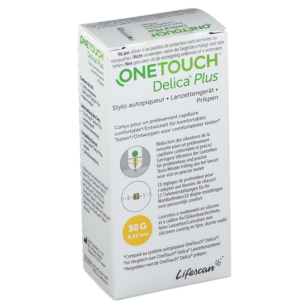 Boîte OneTouch Delica Plus. Détail avec informations, réglages de profondeur et certification.