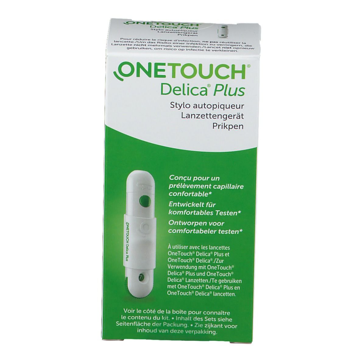 Boîte OneTouch Delica Plus. Vue avant avec nom du produit et image de l'autopiqueur.