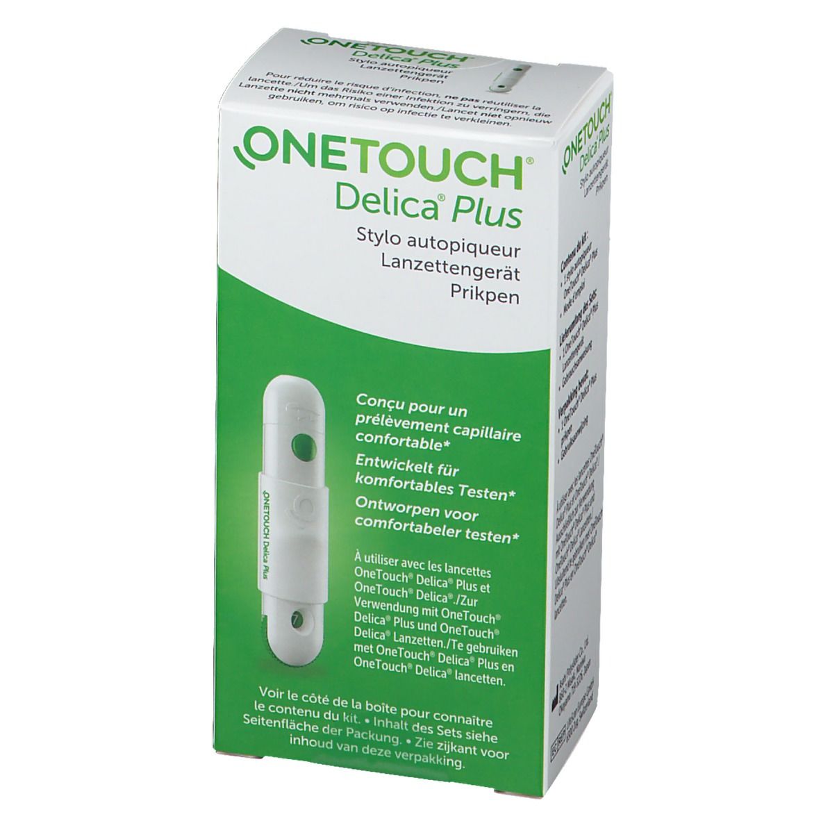 Boîte OneTouch Delica Plus. Vue avant avec nom du produit et image de l'autopiqueur.