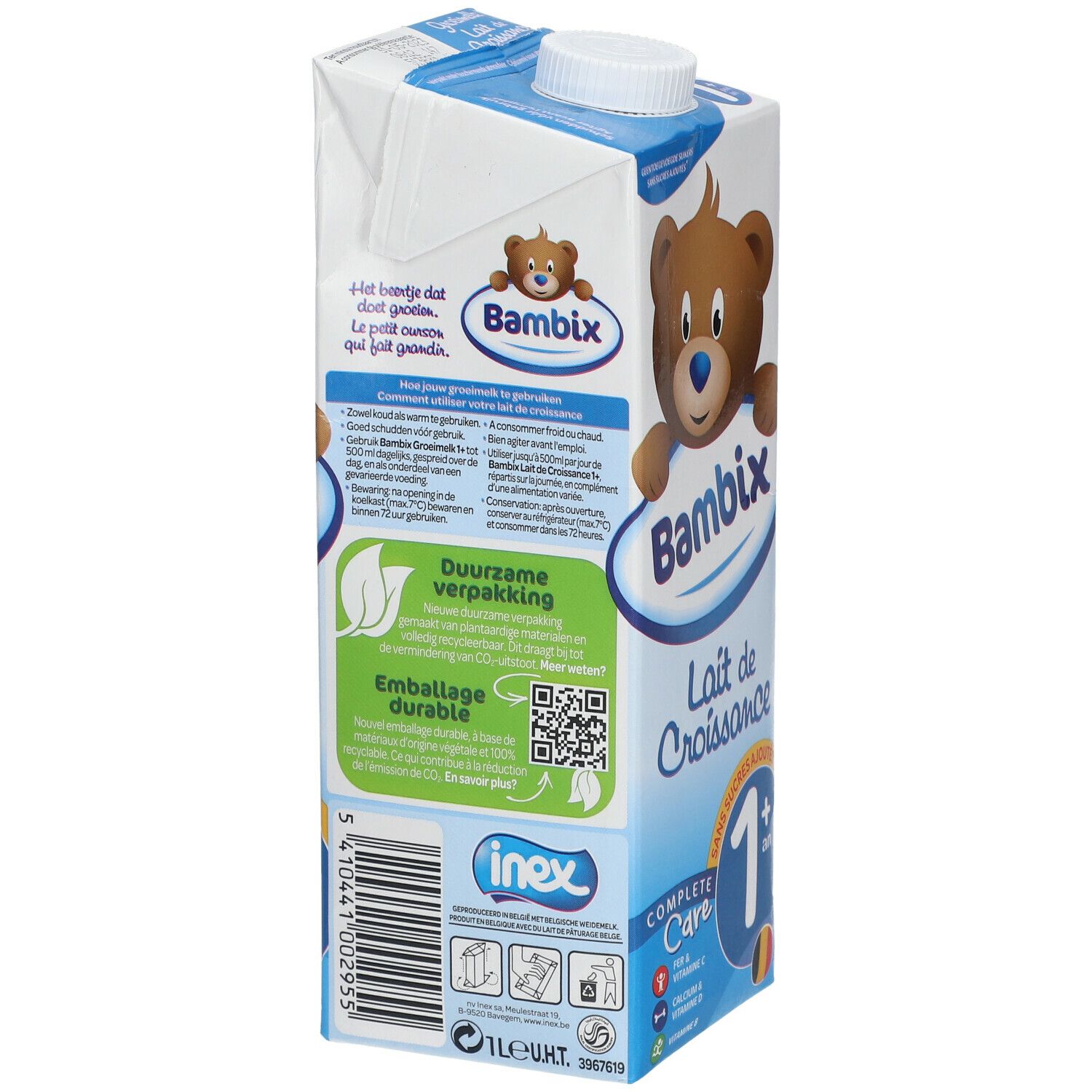 Dos de brique de lait. Texte: Bambix, Lait de Croissance, 1 an+. Emballage durable. Code QR et informations nutritionnelles.