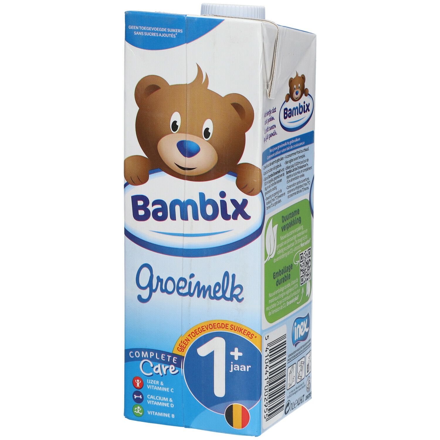 Brique de lait avec illustration d'ours en peluche. Texte: Bambix, Groeimelk, 1 jaar+. Couleurs bleu et blanc.