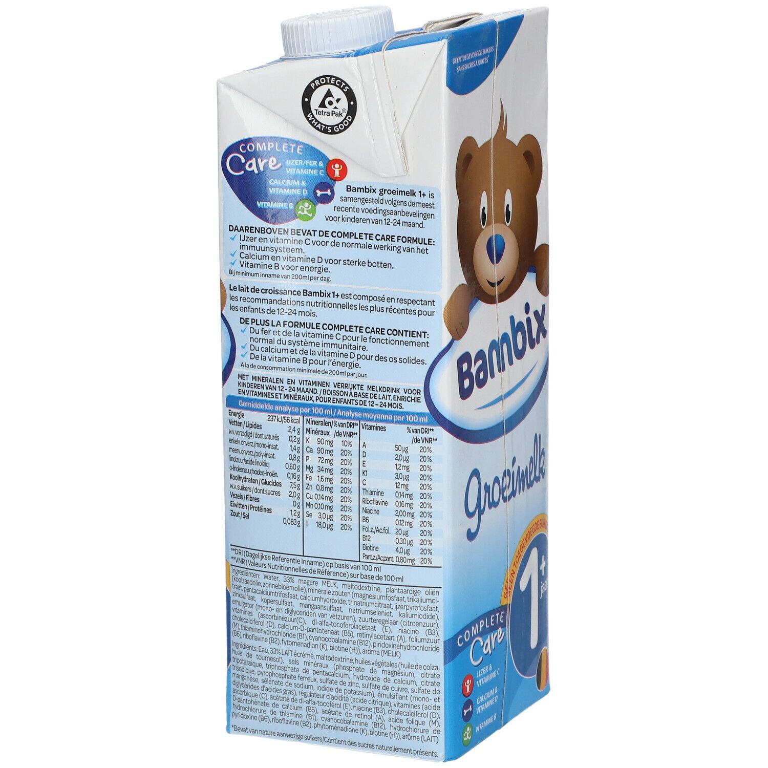 Dos de la brique de lait. Texte: Bambix, Groeimelk, 1 jaar+. Informations nutritionnelles et informations sur le produit.