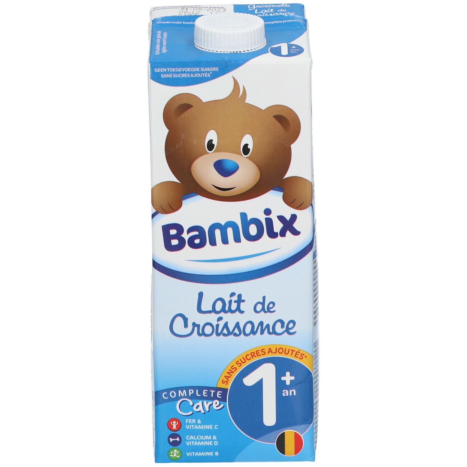 Brique de lait avec illustration d'ours en peluche. Texte: Bambix, Lait de Croissance, 1 an+. Couleurs bleu et blanc.