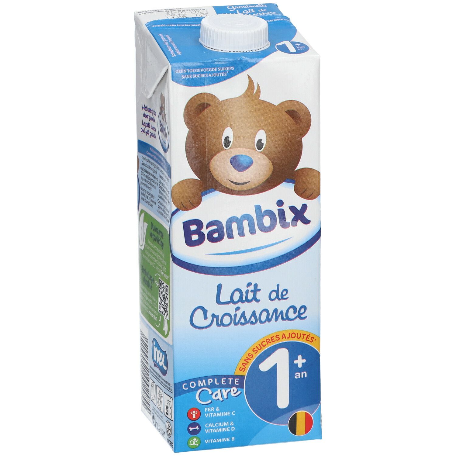Brique de lait avec illustration d'ours en peluche. Texte: Bambix, Lait de Croissance, 1 an+. Couleurs bleu et blanc.