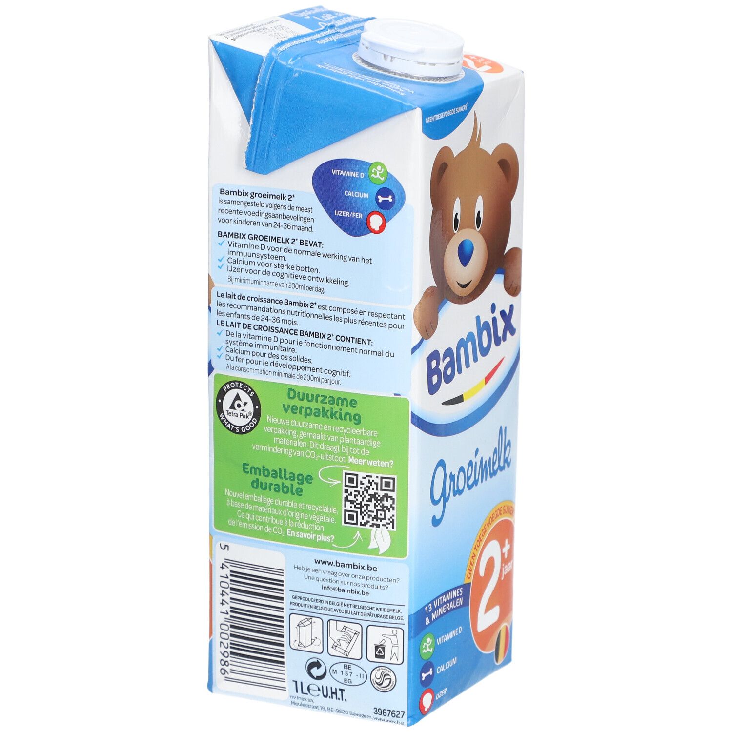 Melkpak met Bambix-logo, beer en tekst. Bevat 'Groeimelk 2+ jaar'. QR-code en duurzaamheidslabel.