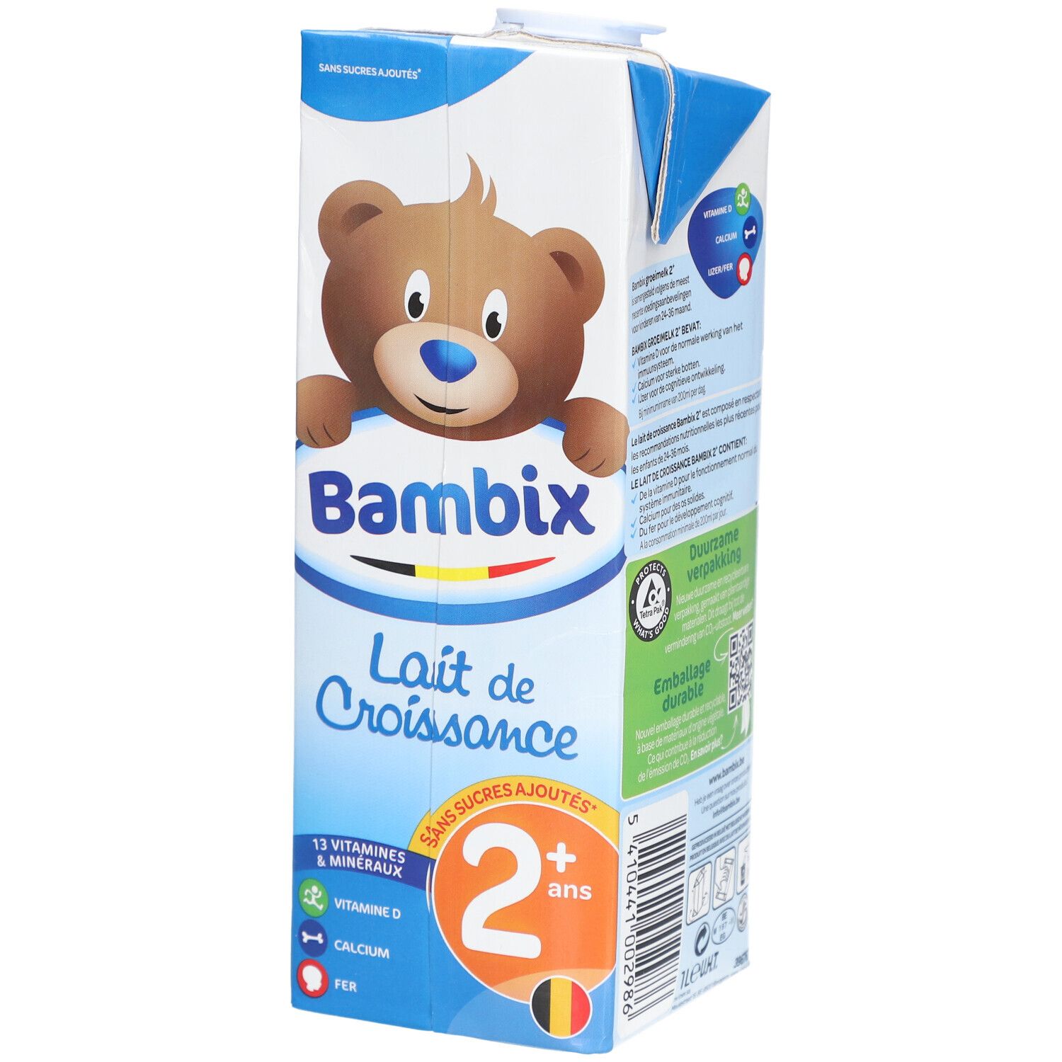 Melkpak met Bambix-logo, beer en tekst 'Lait de Croissance'. 'Sans sucres ajoutés'. 2+ jaar.