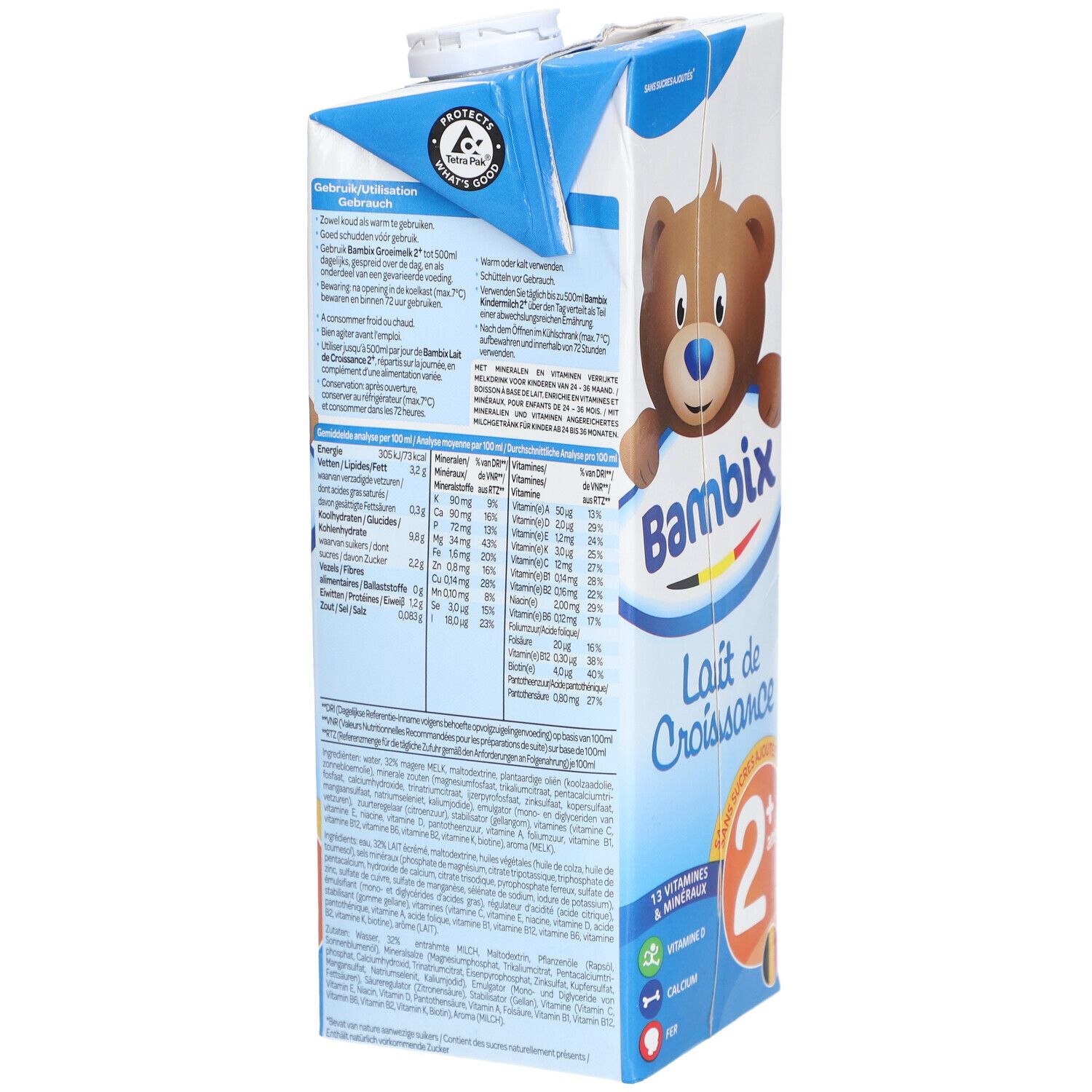 Melkpak met Bambix-logo, beer en tekst. Bevat 'Lait de Croissance 2+ ans'. Voedingswaarde informatie.