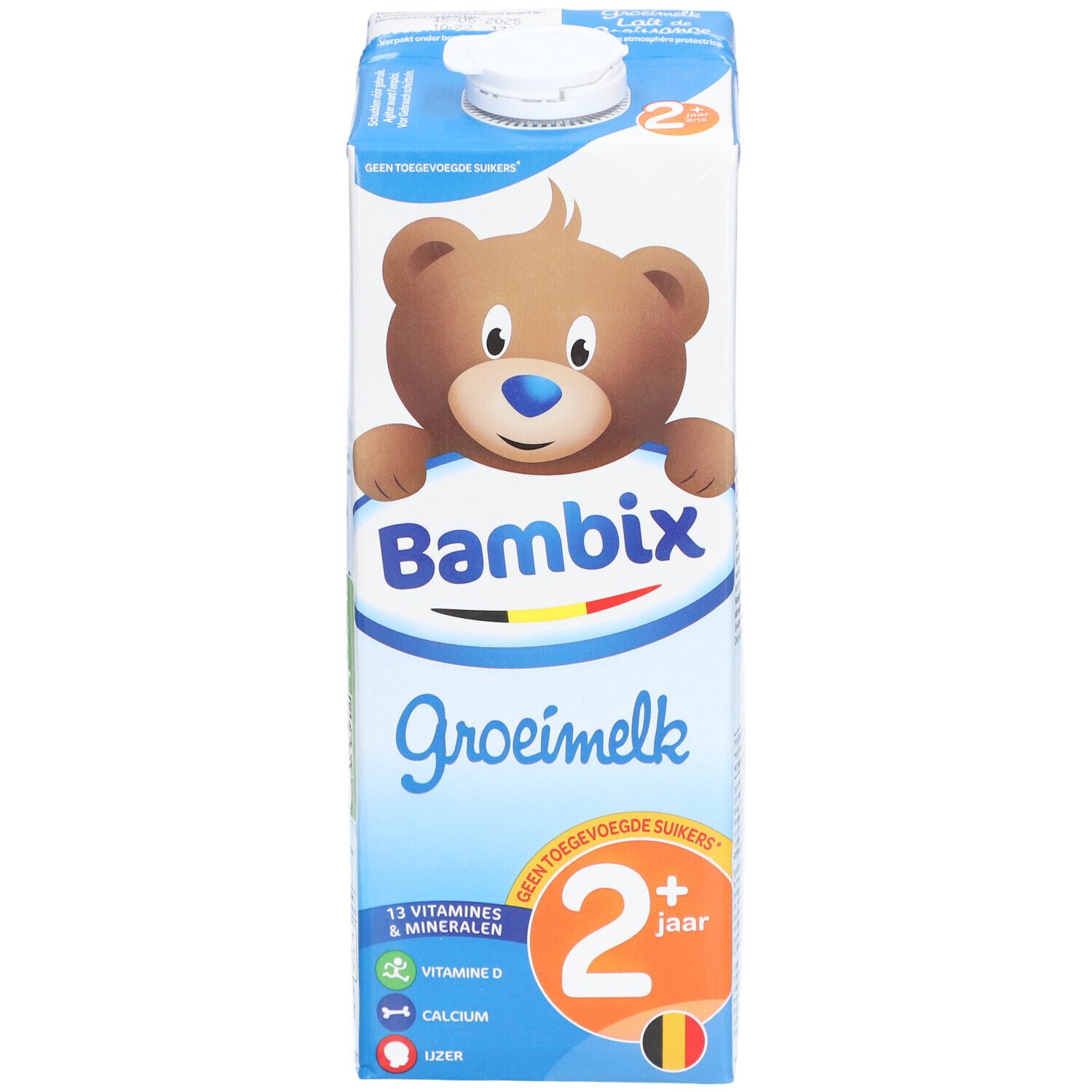 Melkpak met Bambix-logo, beer en tekst 'Groeimelk 2+ jaar'. Bevat 13 vitaminen & mineralen. Verpakking.