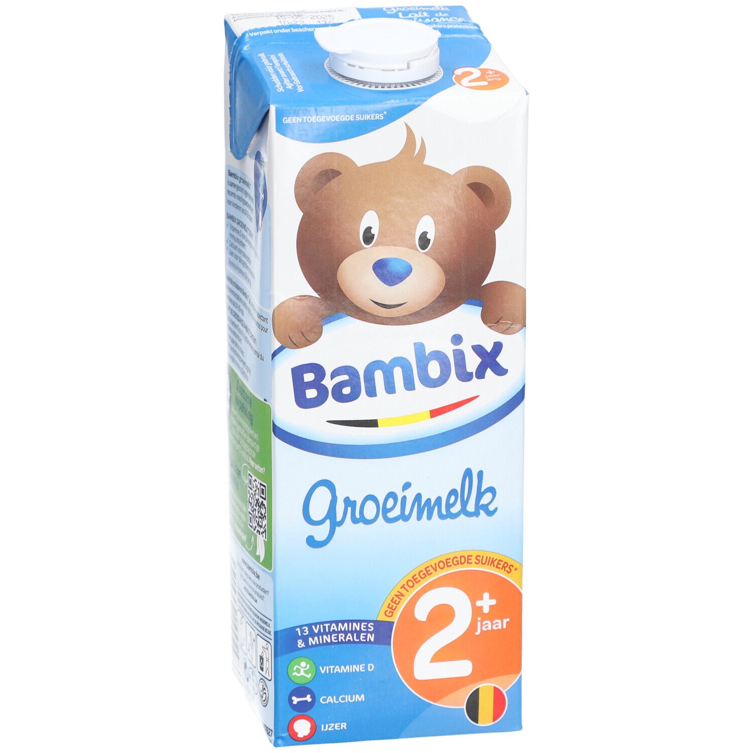 Melkpak met Bambix-logo, beer en tekst 'Groeimelk 2+ jaar'. Bevat 13 vitaminen & mineralen. Verpakking.