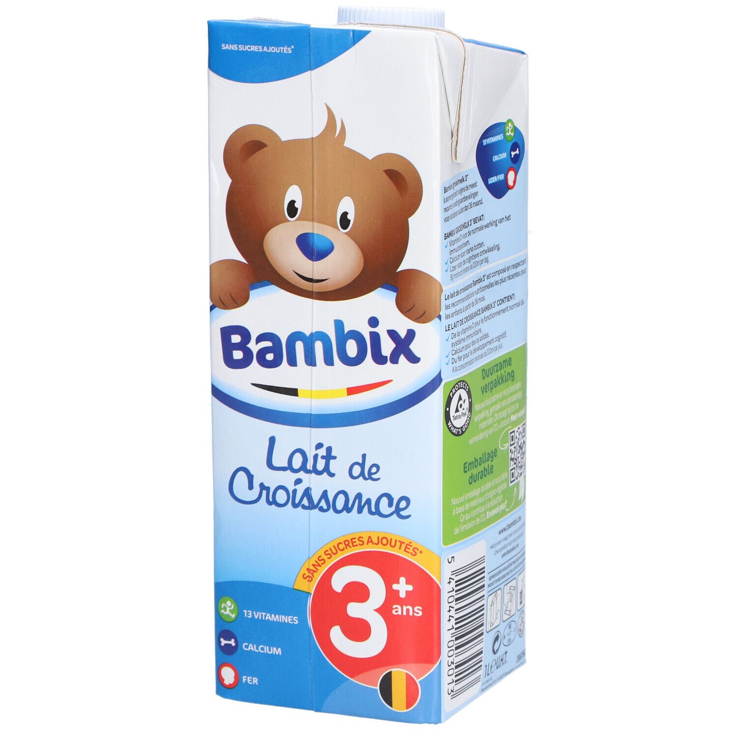 Bambix Lait de Croissance 3 ans+ carton. Illustration d'ours. Sans sucres ajoutés. 13 vitamines, calcium, fer.