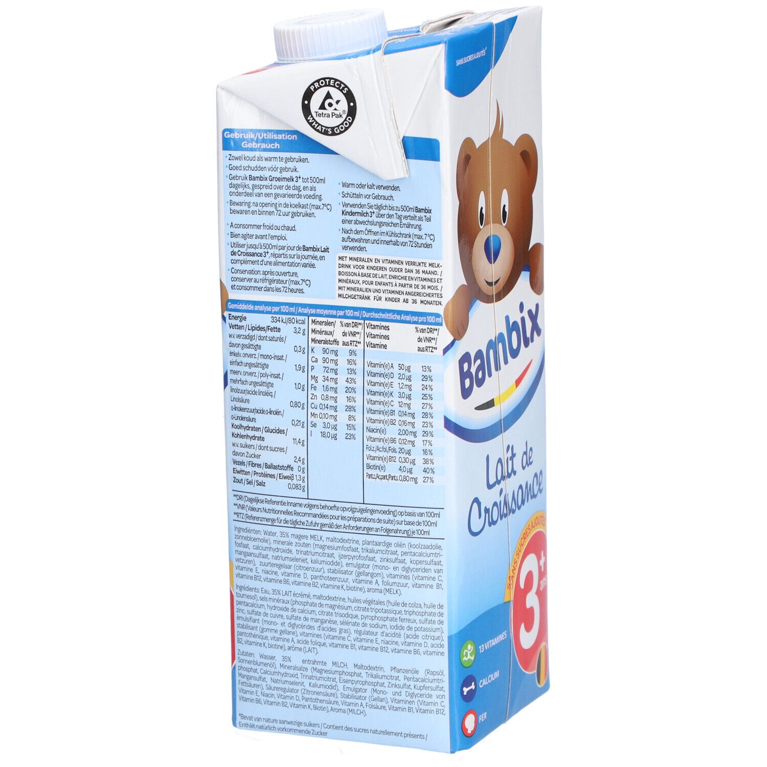 Bambix Lait de Croissance 3 ans+ carton. Informations nutritionnelles. Illustration d'ours. Sans sucres ajoutés. 13 vitamines.