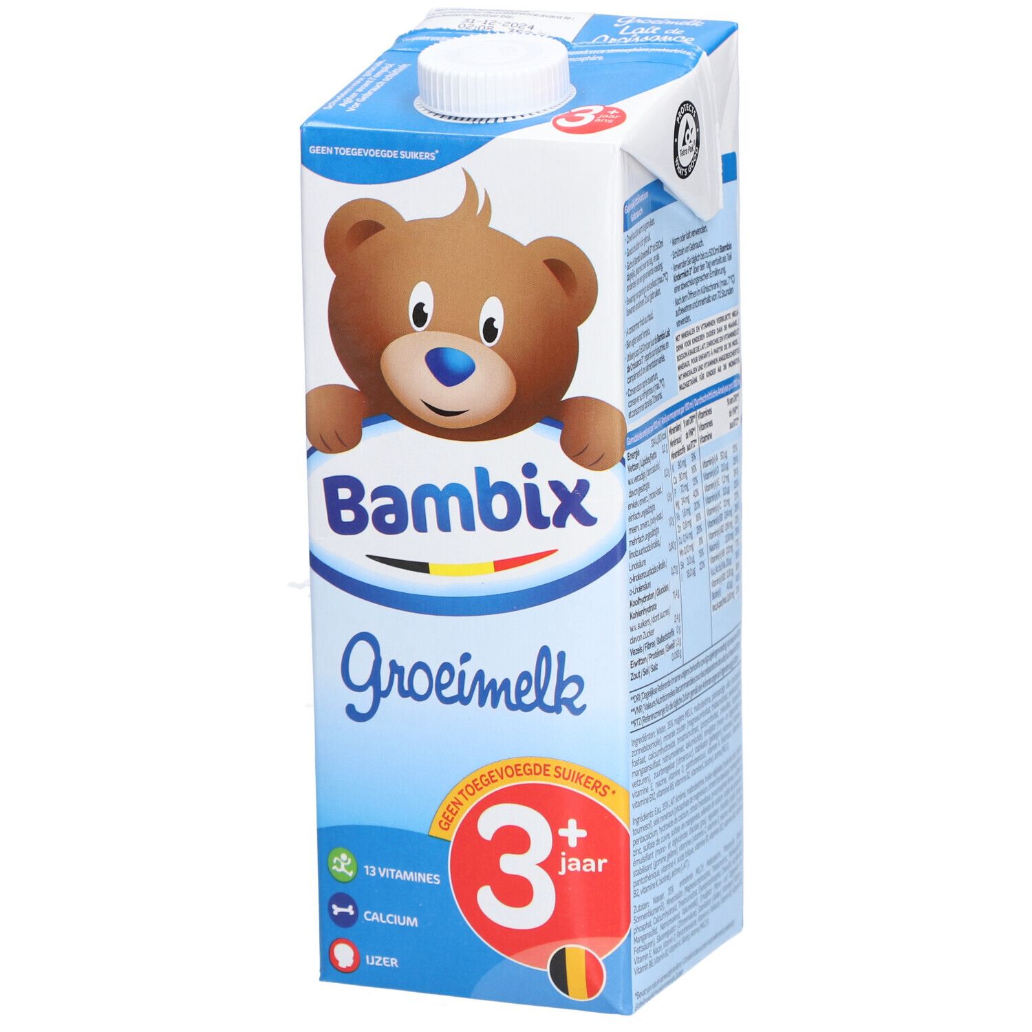 Bambix Groeimelk 3+ carton. Illustration d'ours. Sans sucres ajoutés. 13 vitamines, calcium, fer. Drapeau néerlandais.