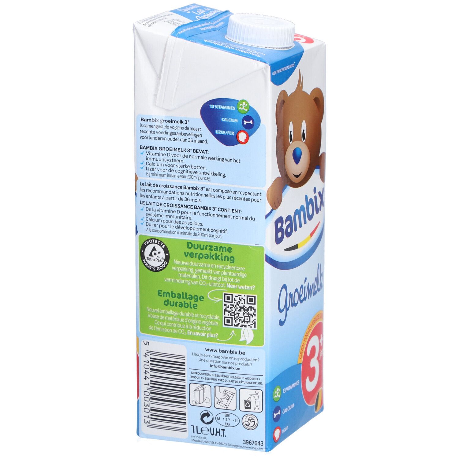 Bambix Groeimelk 3+ carton. Emballage durable. Illustration d'ours. Sans sucres ajoutés. 13 vitamines, calcium, fer.