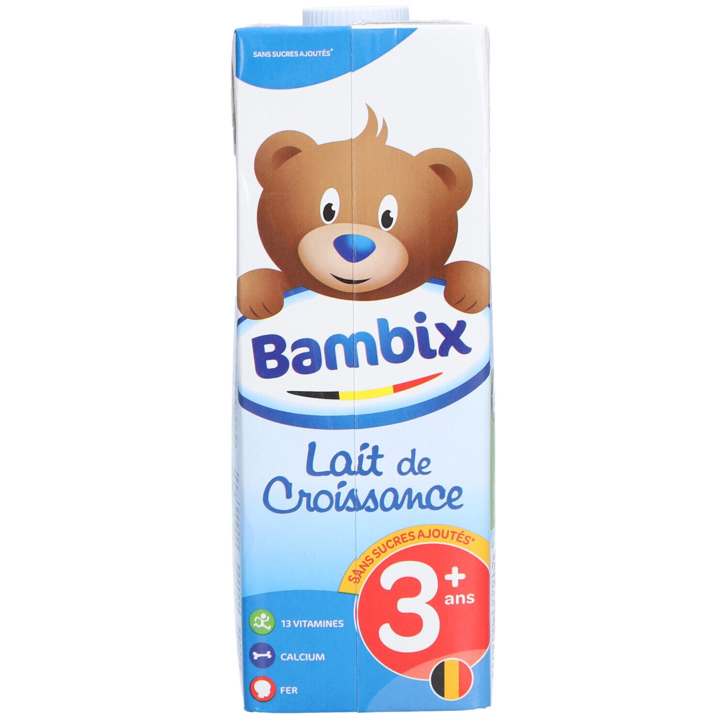Bambix Lait de Croissance 3 ans+ carton. Illustration d'ours. Sans sucres ajoutés. 13 vitamines, calcium, fer. Drapeau belge.