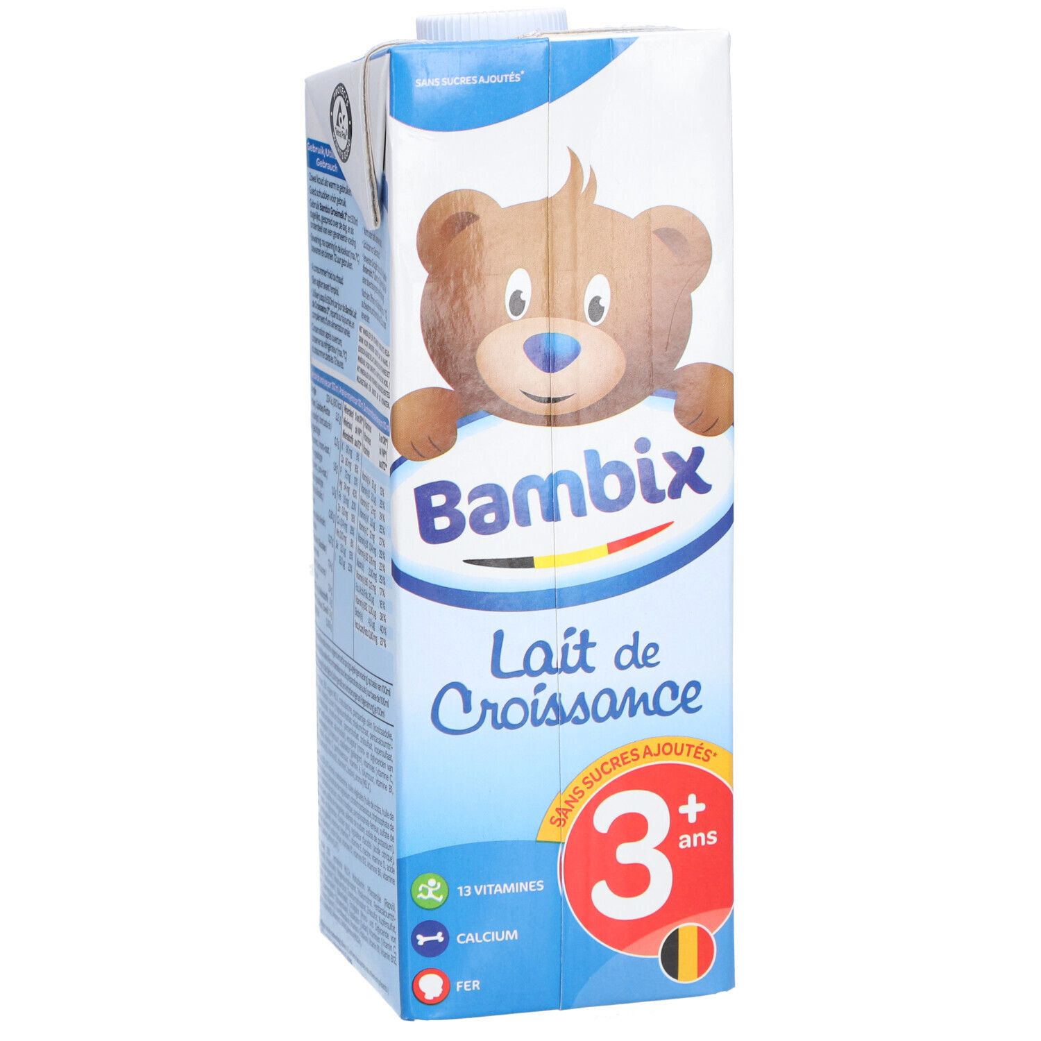Bambix Lait de Croissance 3 ans+ carton. Illustration d'ours. Sans sucres ajoutés. 13 vitamines, calcium, fer. Drapeau belge.