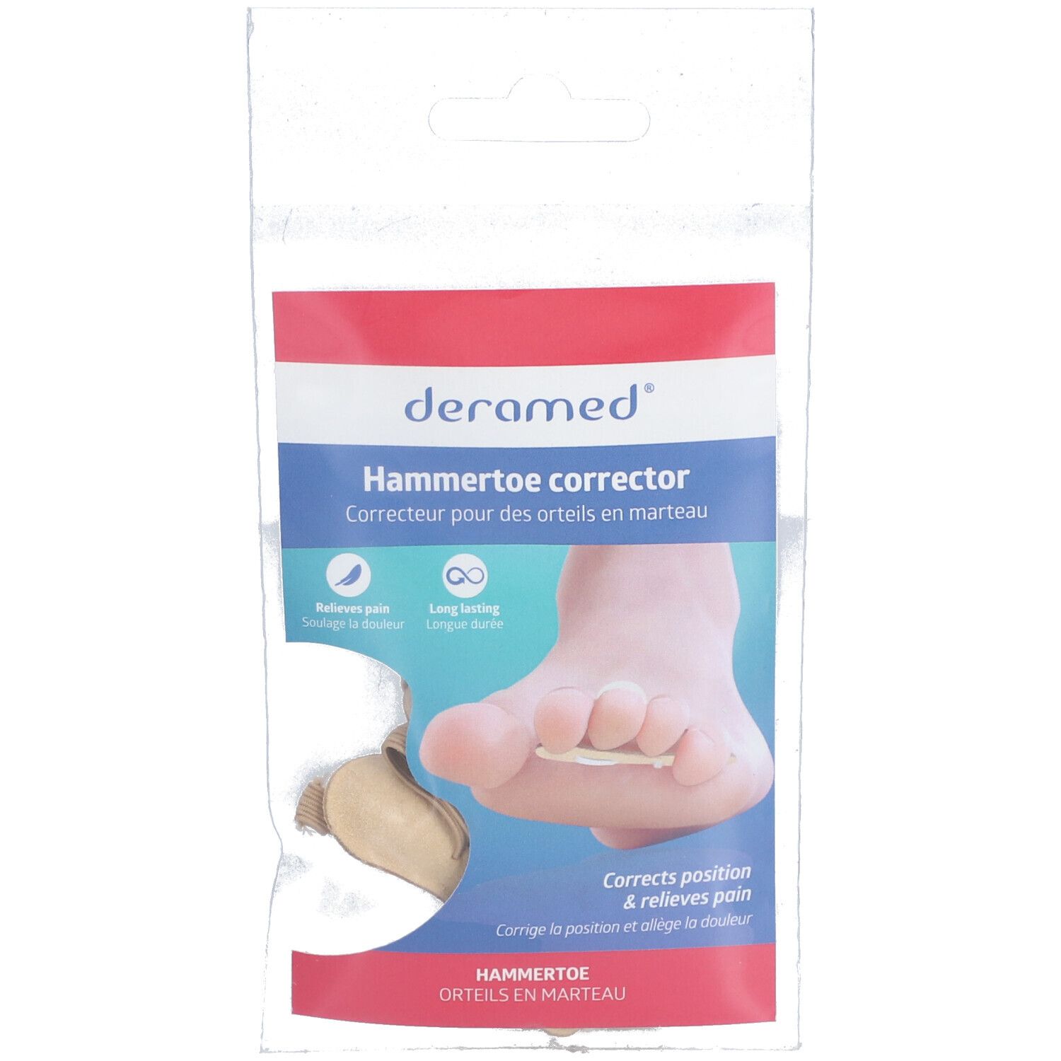Emballage 'deramed' pour correcteur d'orteils en marteau. Pied avec correcteur, texte: 'Corrects position & relieves pain'.