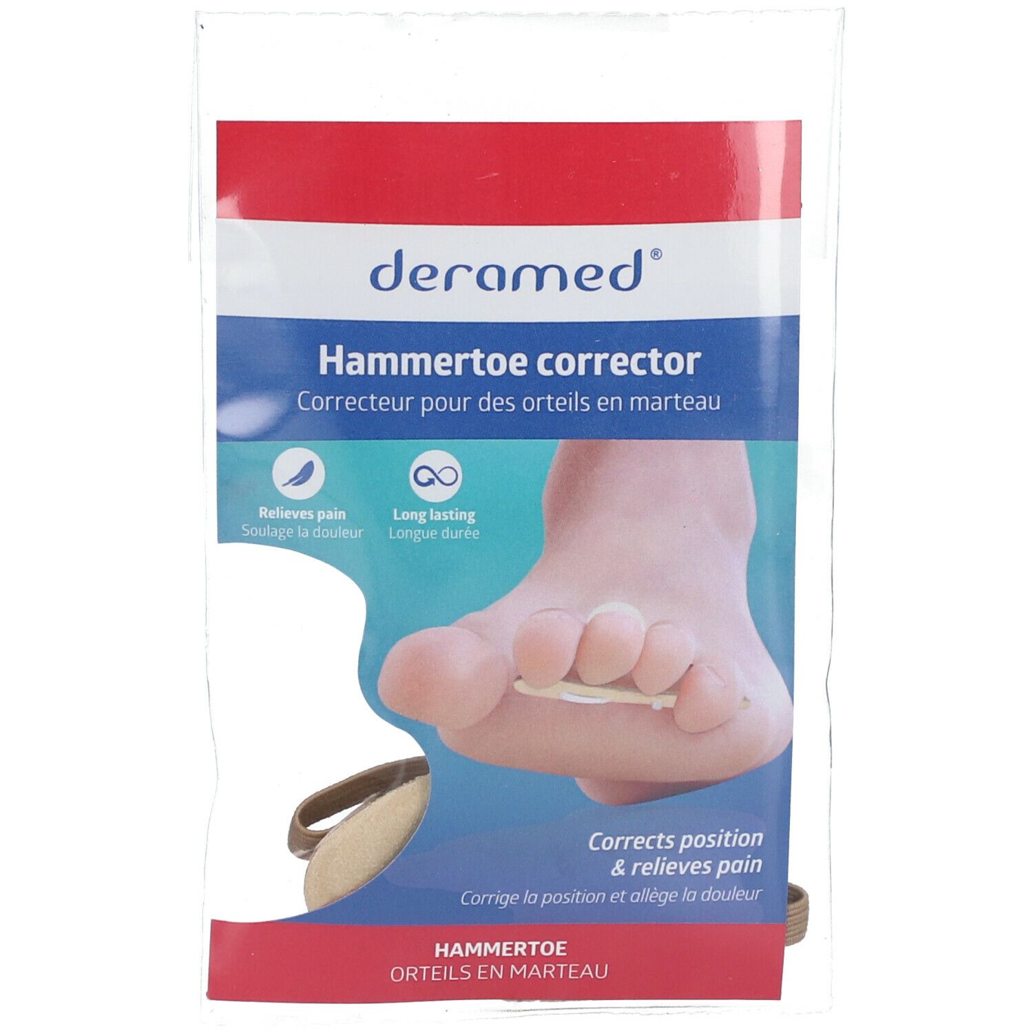 Emballage 'deramed' correcteur d'orteils en marteau. Pied avec dispositif correcteur. Texte: 'Relieves pain', 'Long lasting'.