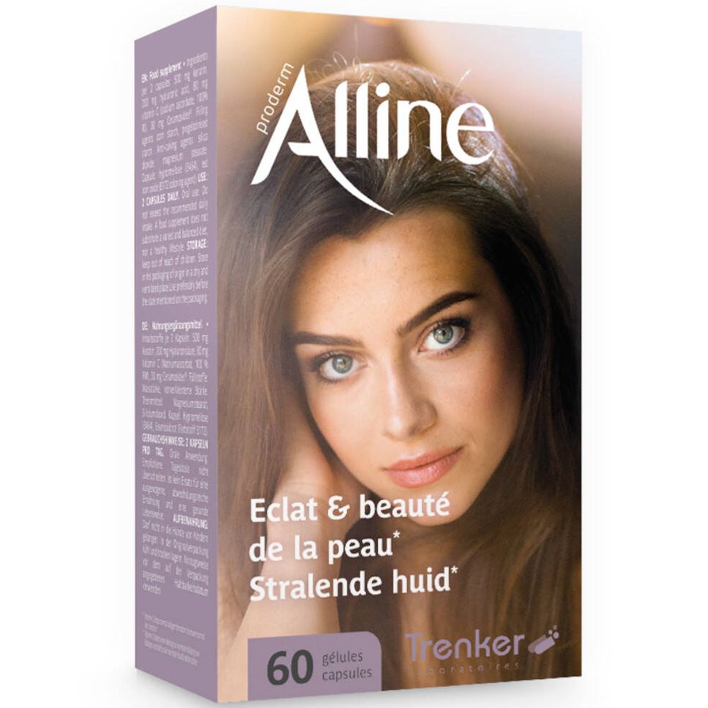 Boîte Alline proderm, violette. Visage féminin. Inscription : Eclat & beauté de la peau, Stralende huid. 60 gélules.