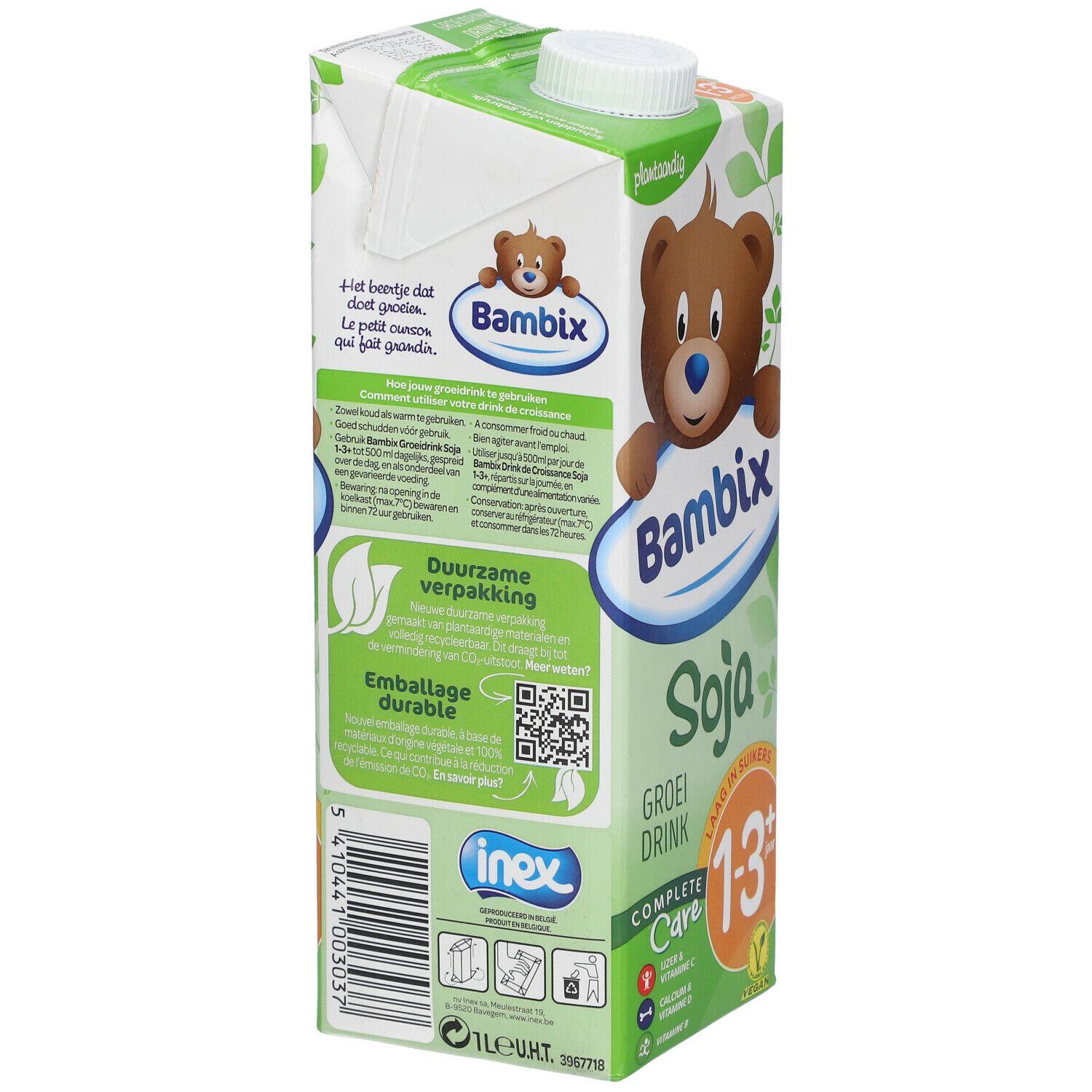 Dos de la brique de boisson au soja Bambix. Texte : Bambix, Soja, 1-3 ans, Complete Care. Informations et QR code.