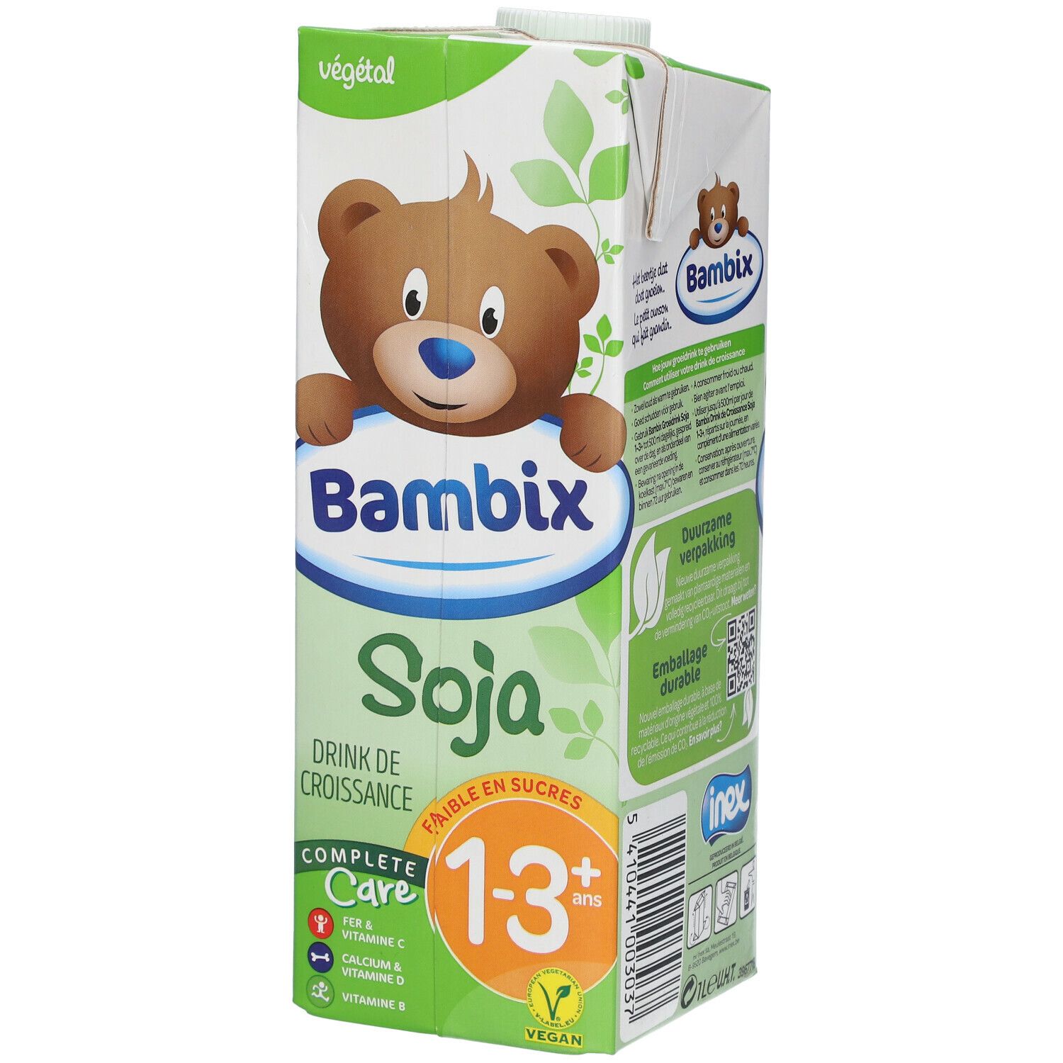 Brique de boisson au soja Bambix. Illustration d'ours, texte : Bambix, Soja, 1-3 ans, Complete Care. Végétal.