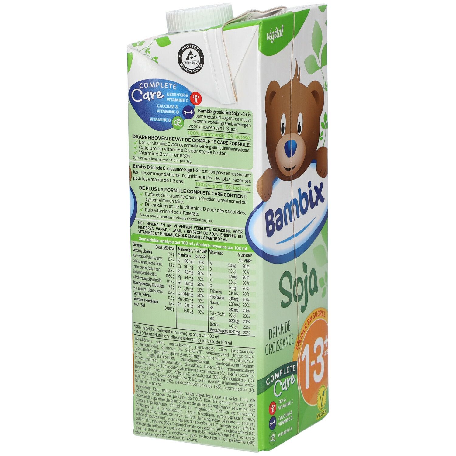 Dos de la brique de boisson au soja Bambix. Texte : Bambix, Soja, 1-3 ans, Complete Care. Informations nutritionnelles.