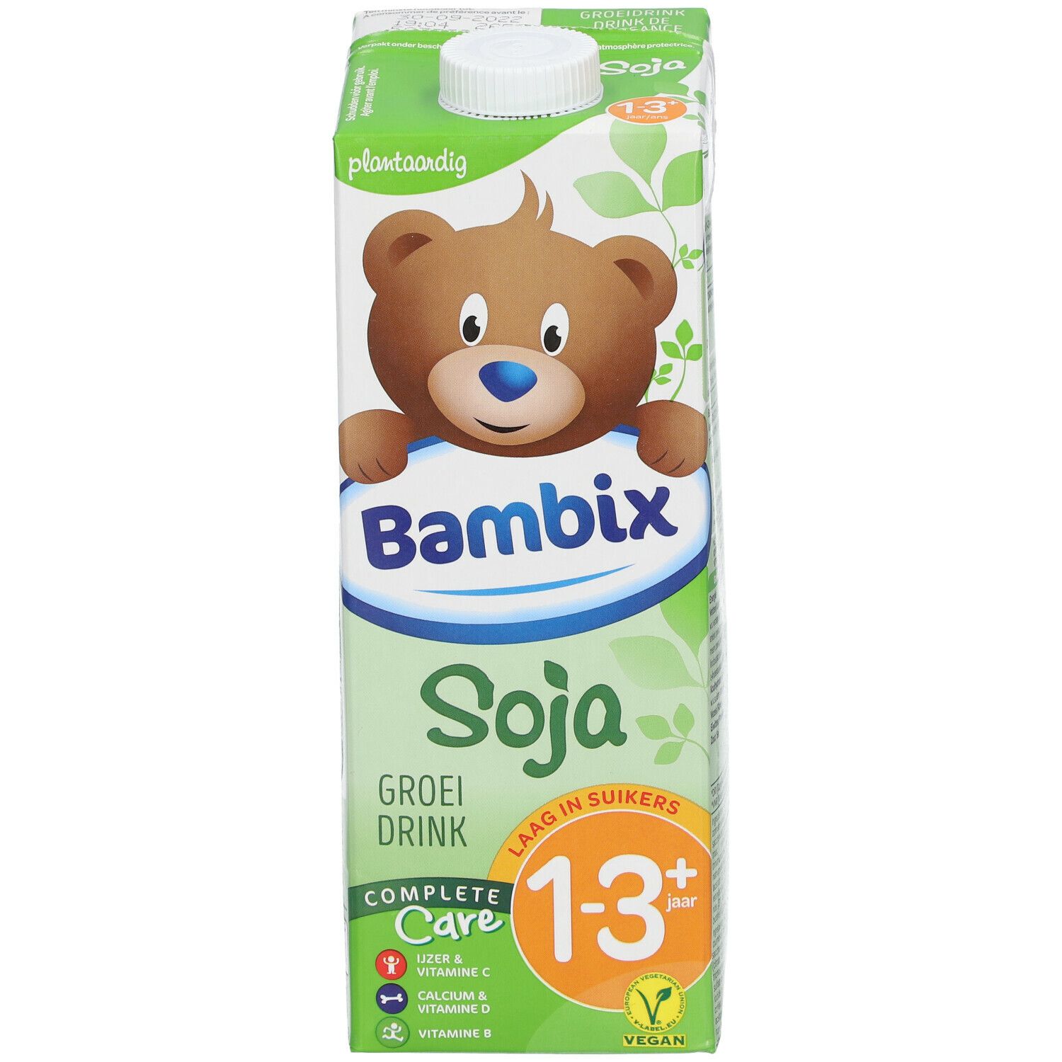 Brique de boisson au soja Bambix. Illustration d'ours, texte : Soja, 1-3 ans, Complete Care. Vert et blanc.