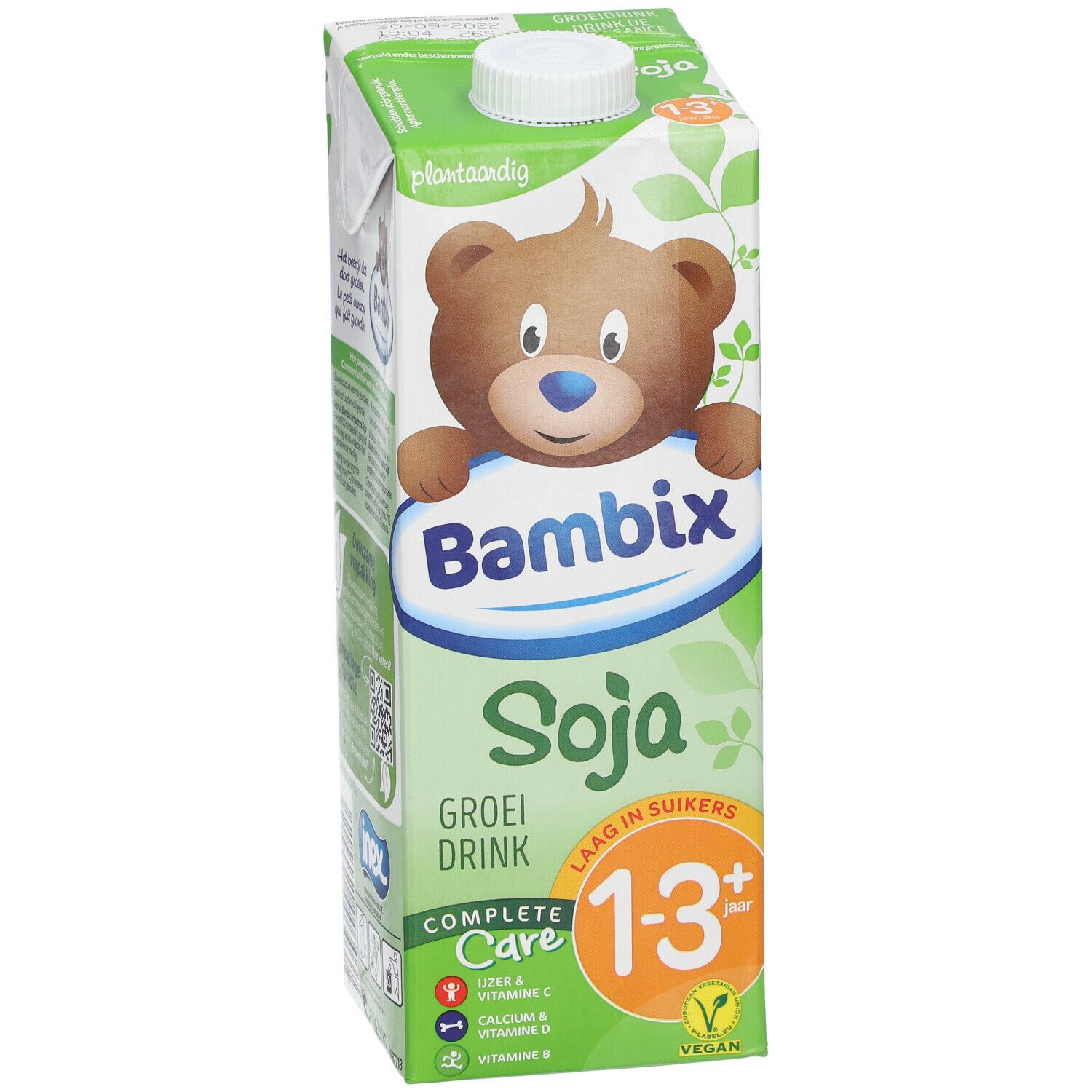 Brique de boisson au soja Bambix. Illustration d'ours, texte : Soja, 1-3 ans, Complete Care. Vert et blanc.