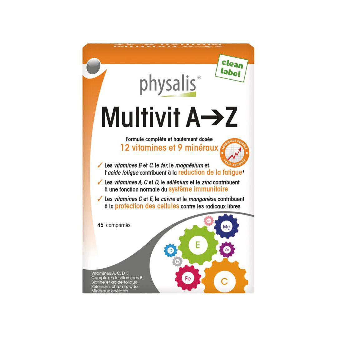 Physalis Multivit A-Z. Boîte de 45 comprimés. Contient 12 vitamines et 9 minéraux. Boîte orange et blanche avec informations.