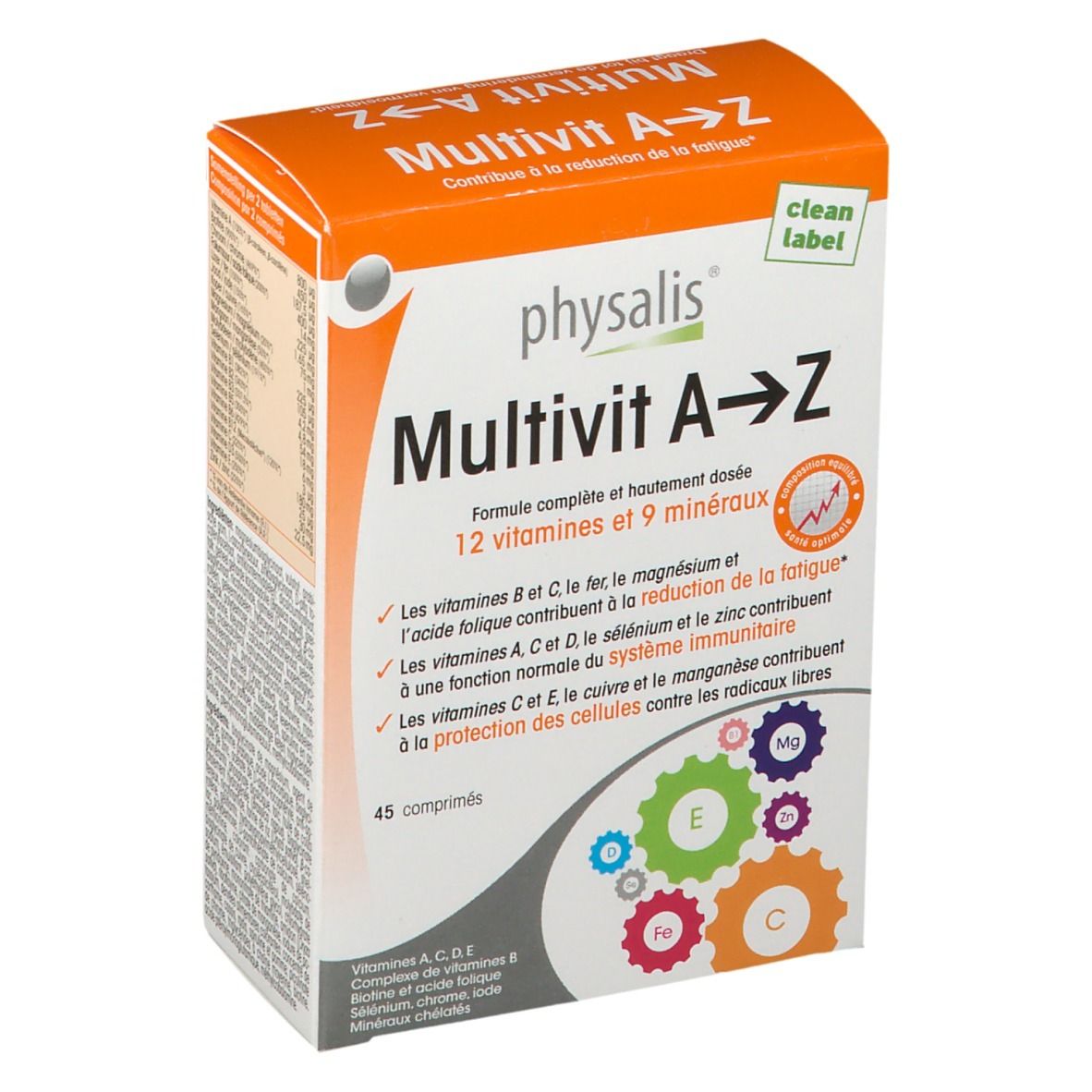 Physalis Multivit A-Z. Boîte de 45 comprimés. Contient 12 vitamines et 9 minéraux. Boîte orange et blanche avec informations.