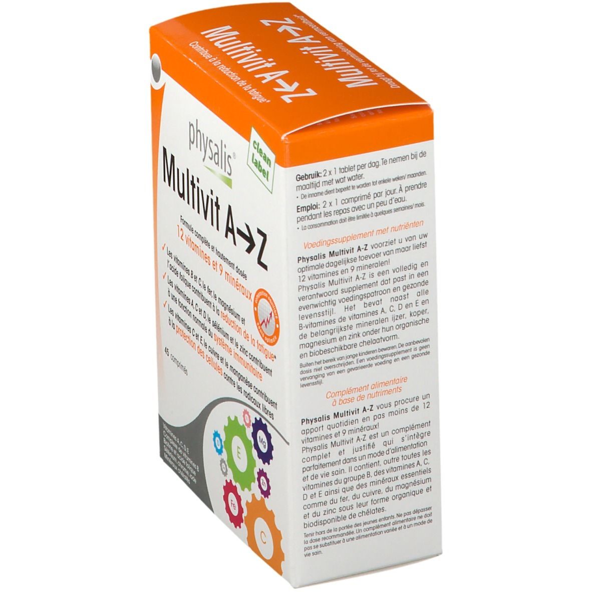 Physalis Multivit A-Z. Boîte de 45 comprimés. Contient 12 vitamines et 9 minéraux. Informations sur l'emballage.
