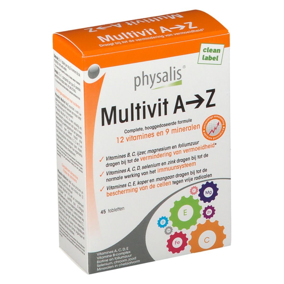 Physalis Multivit A-Z. Boîte de 45 comprimés. Contient 12 vitamines et 9 minéraux. Boîte orange et blanche avec informations.