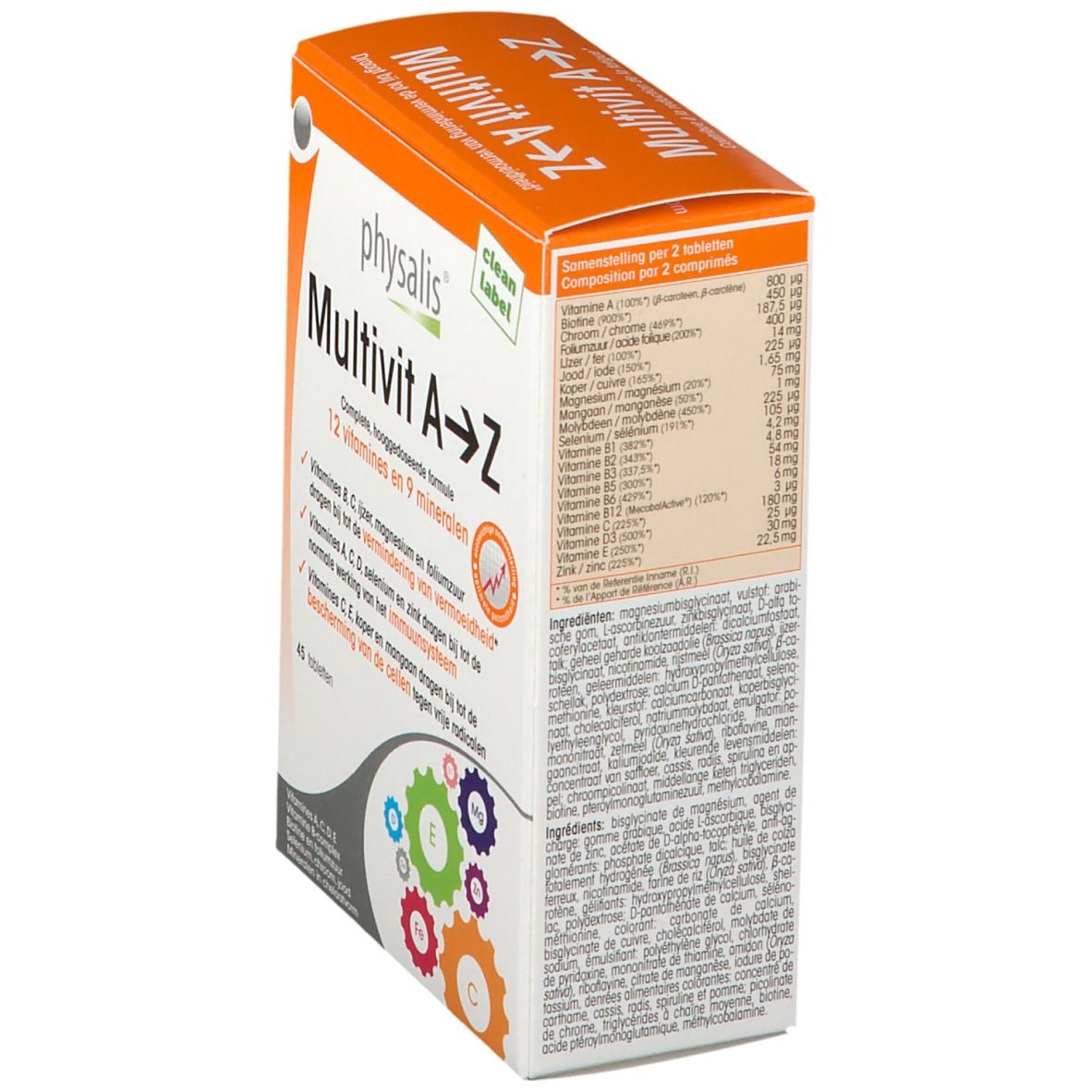 Physalis Multivit A-Z. Boîte de 45 comprimés. Contient 12 vitamines et 9 minéraux. Informations sur l'emballage.