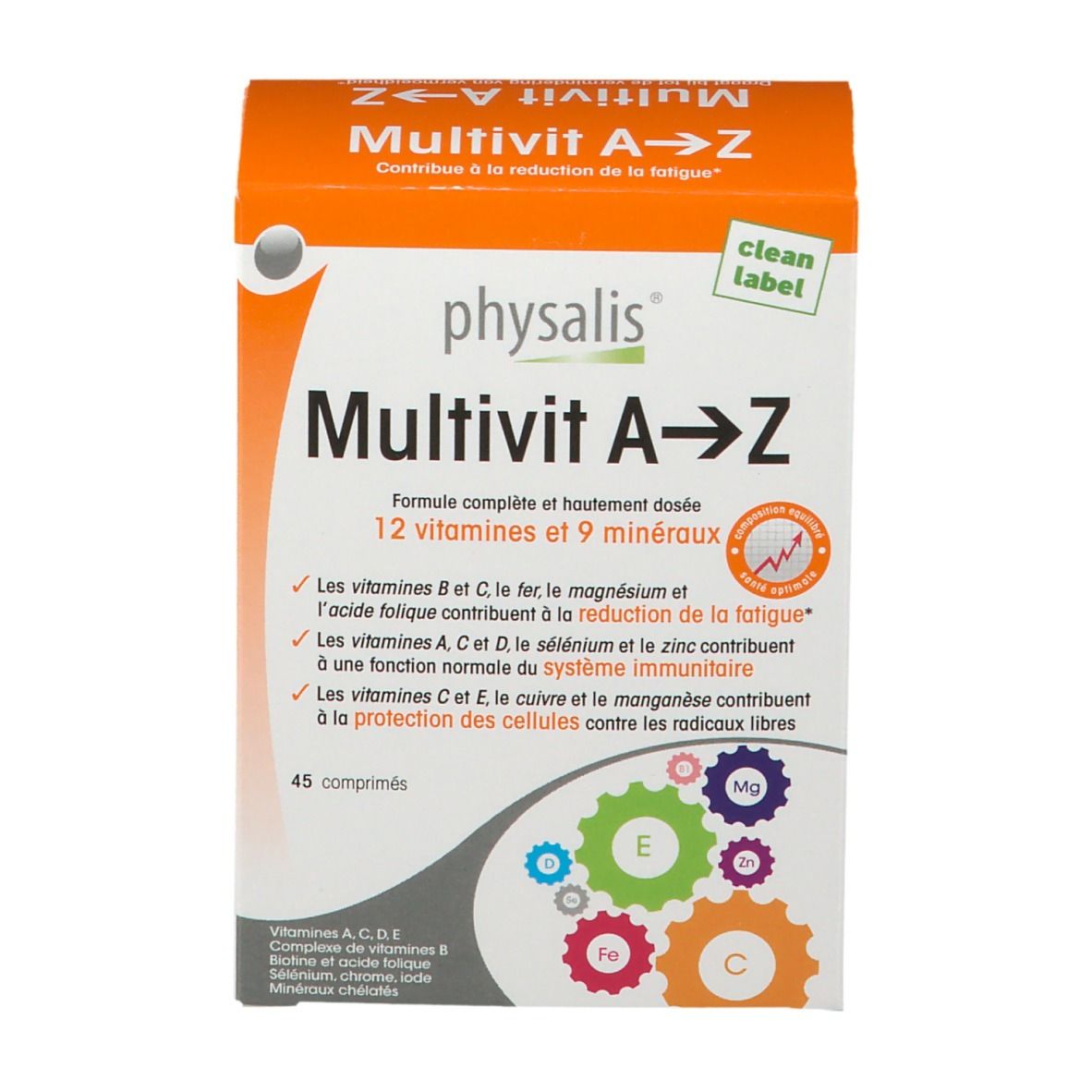 Physalis Multivit A-Z. Boîte de 45 comprimés. Contient 12 vitamines et 9 minéraux. Boîte orange et blanche avec informations.