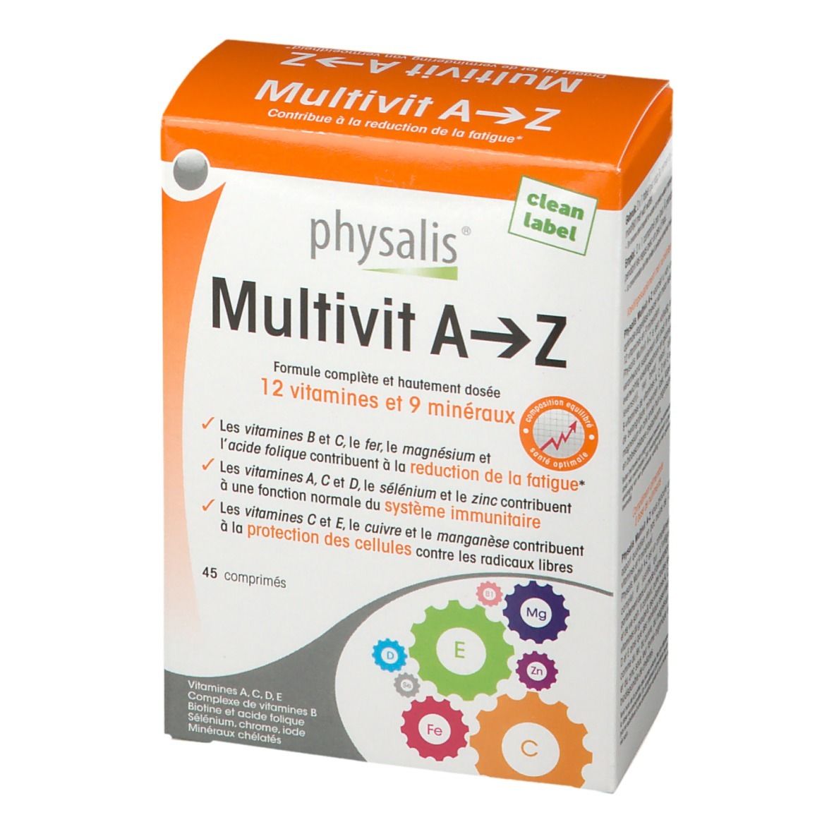 Physalis Multivit A-Z. Boîte de 45 comprimés. Contient 12 vitamines et 9 minéraux. Boîte orange et blanche avec informations.