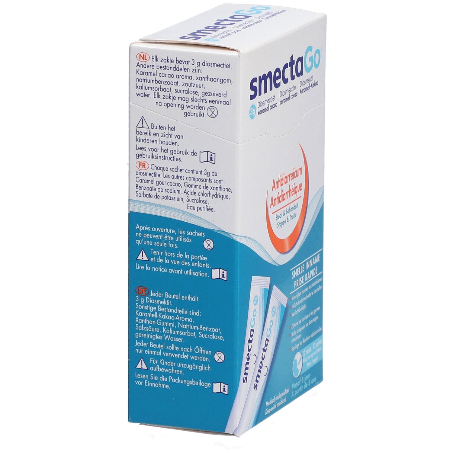 Dos de la boîte SmectaGo. Informations sur les ingrédients et l'utilisation. Marquage CE.