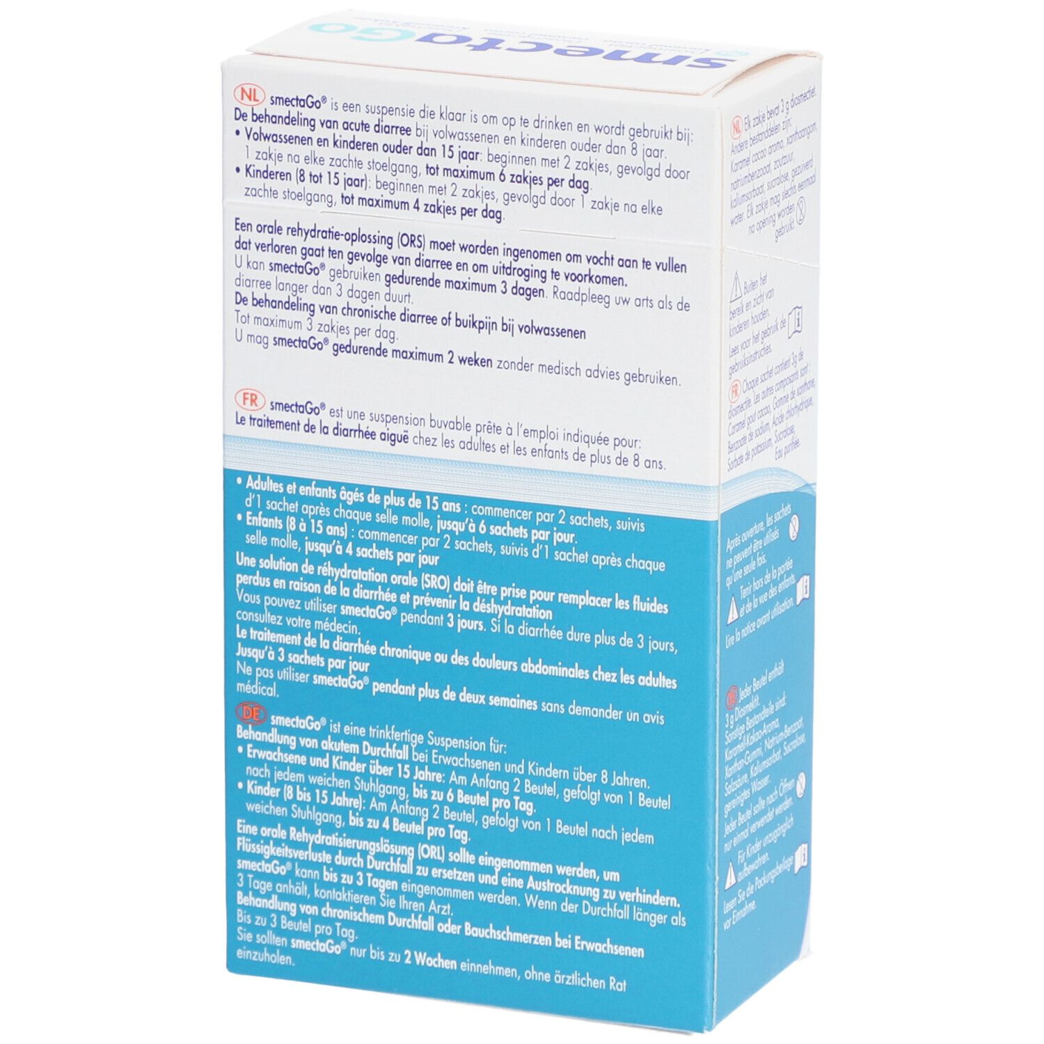 Côté de la boîte SmectaGo avec instructions de dosage. Texte en néerlandais, français et allemand.