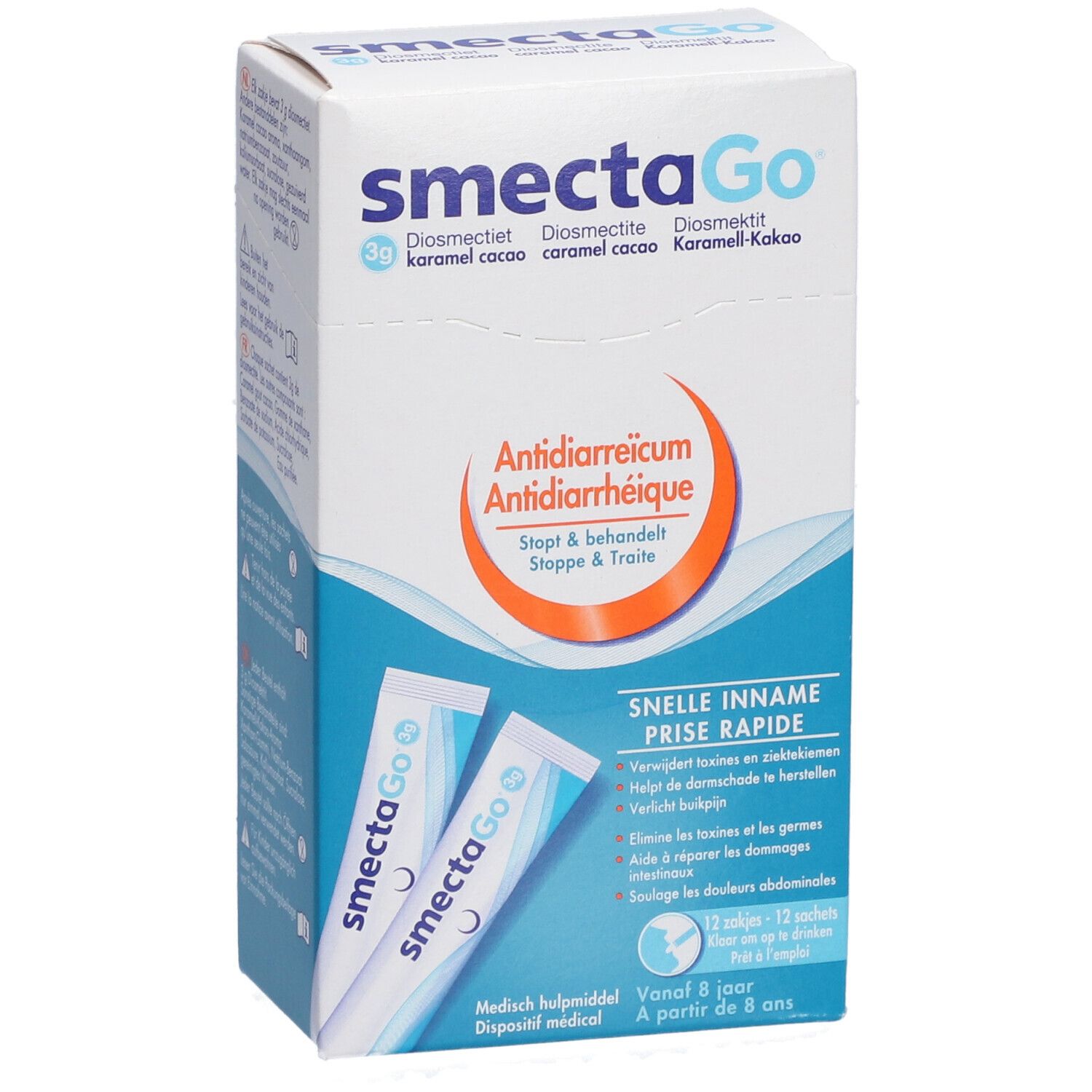 Boîte de SmectaGo. Inscription Antidiarrhéique. Contient 12 sachets. Marquage CE.