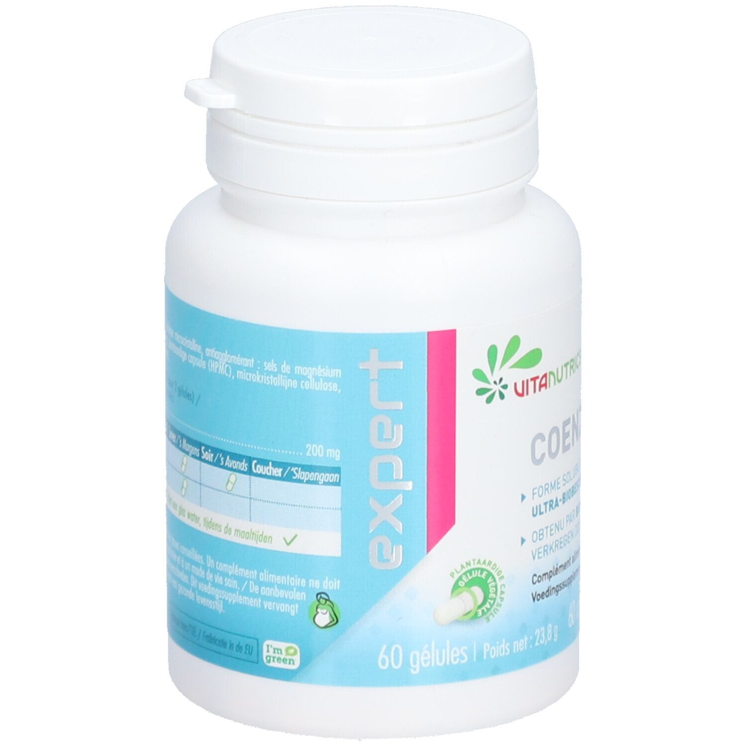 Dos du flacon blanc Vitanutrics COENZYME Q10. Étiquette avec ingrédients et informations nutritionnelles.