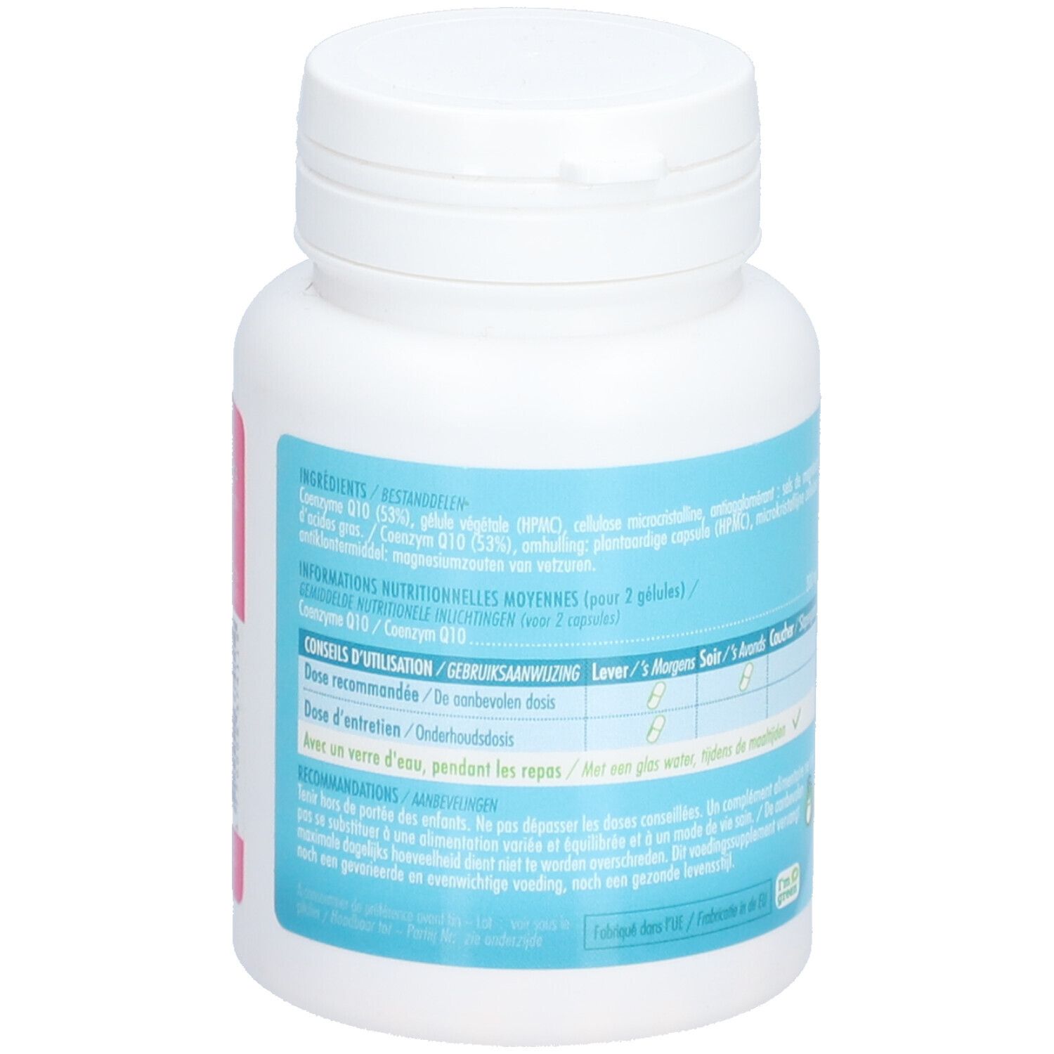 Dos du flacon blanc Vitanutrics COENZYME Q10. Étiquette avec ingrédients et conseils d'utilisation.