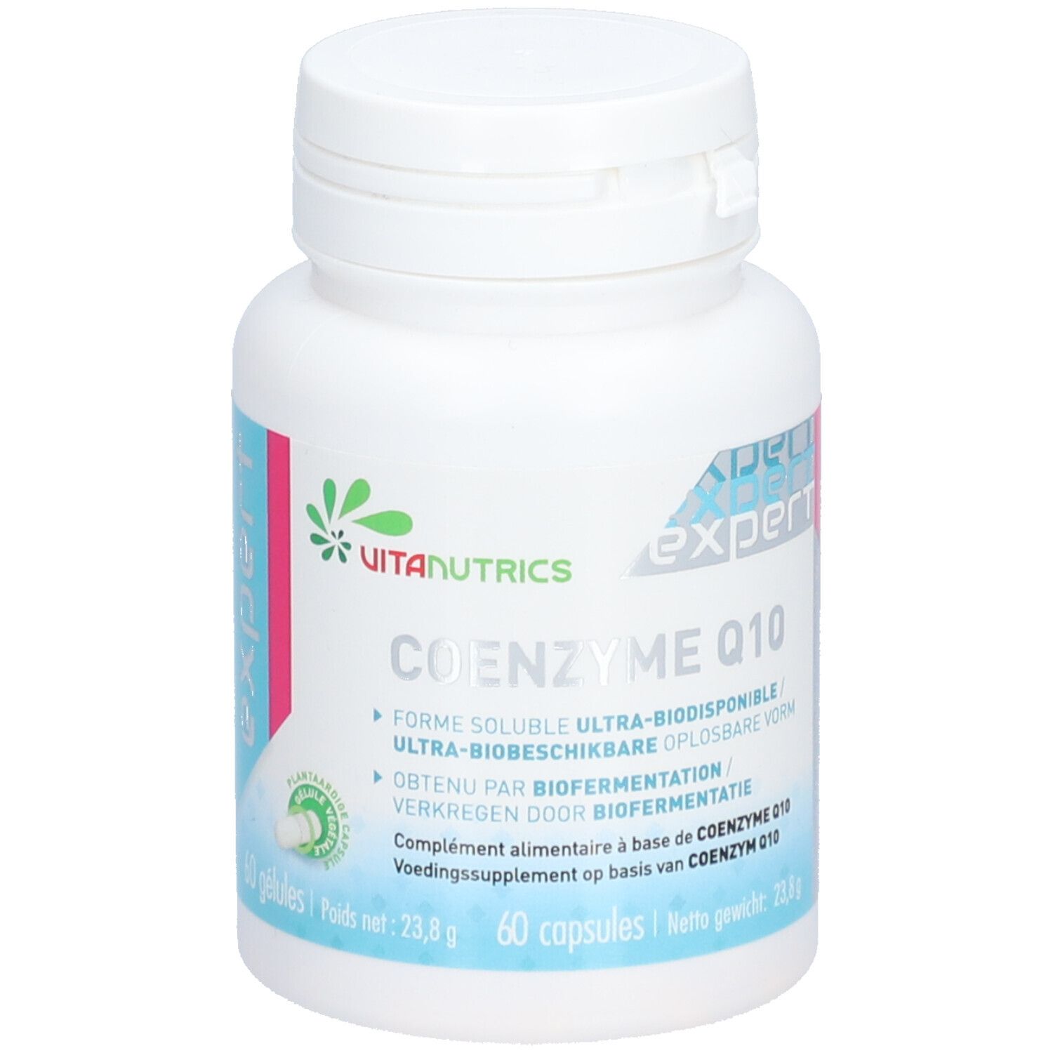 Flacon blanc Vitanutrics COENZYME Q10. Inscription: 60 capsules. Étiquette verte et rose avec informations produit.