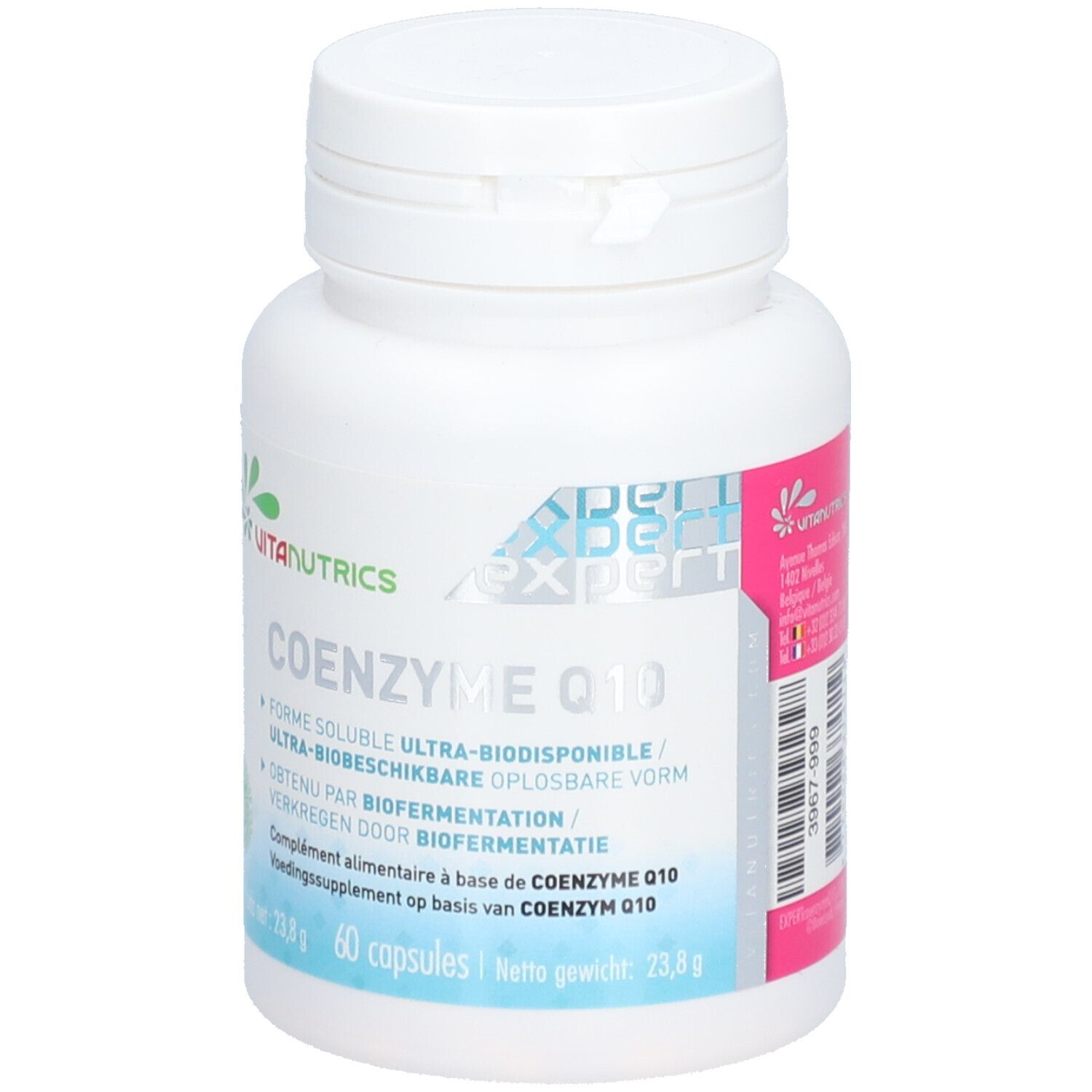Flacon blanc Vitanutrics COENZYME Q10. Inscription: 60 capsules. Étiquette verte et rose avec informations produit.
