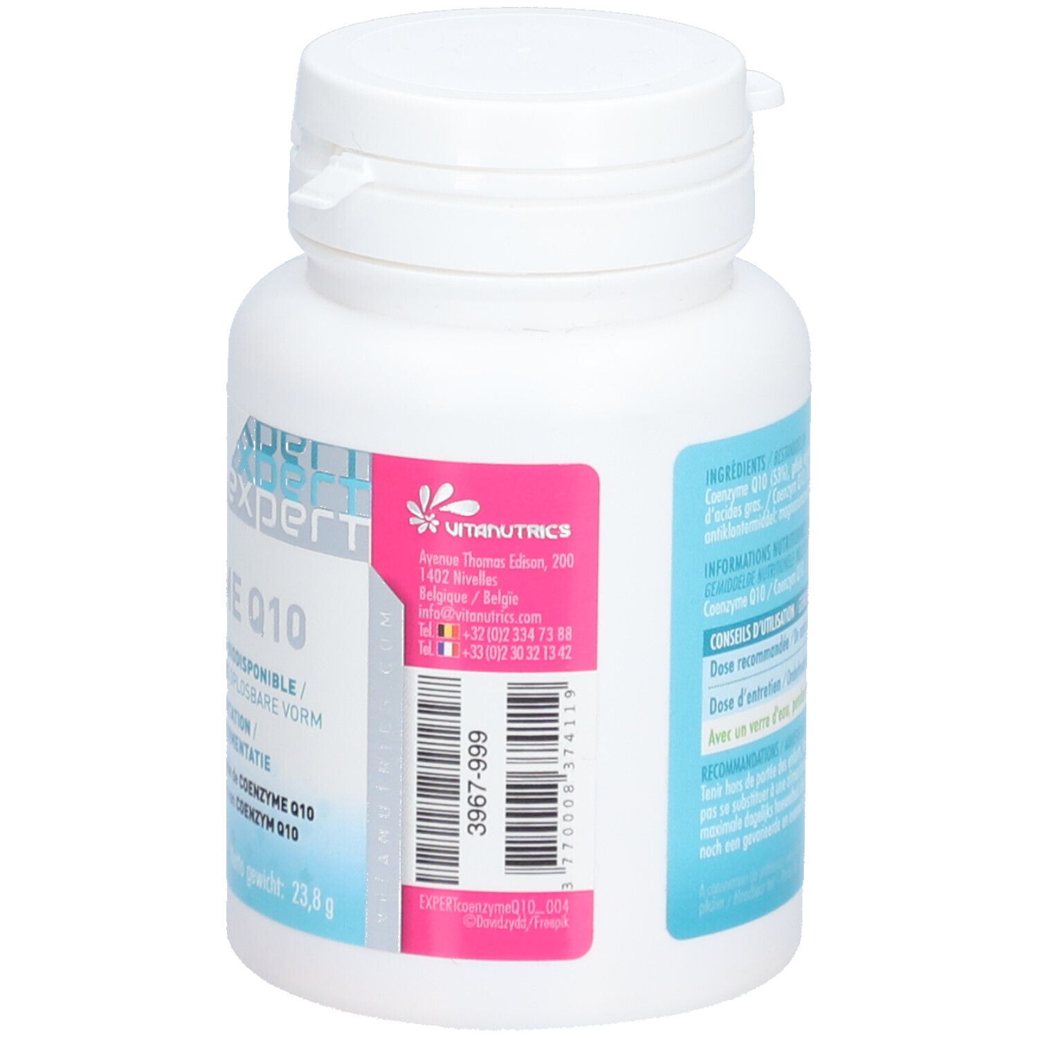 Dos du flacon blanc Vitanutrics COENZYME Q10. Étiquette avec adresse, numéro de lot et code-barres.
