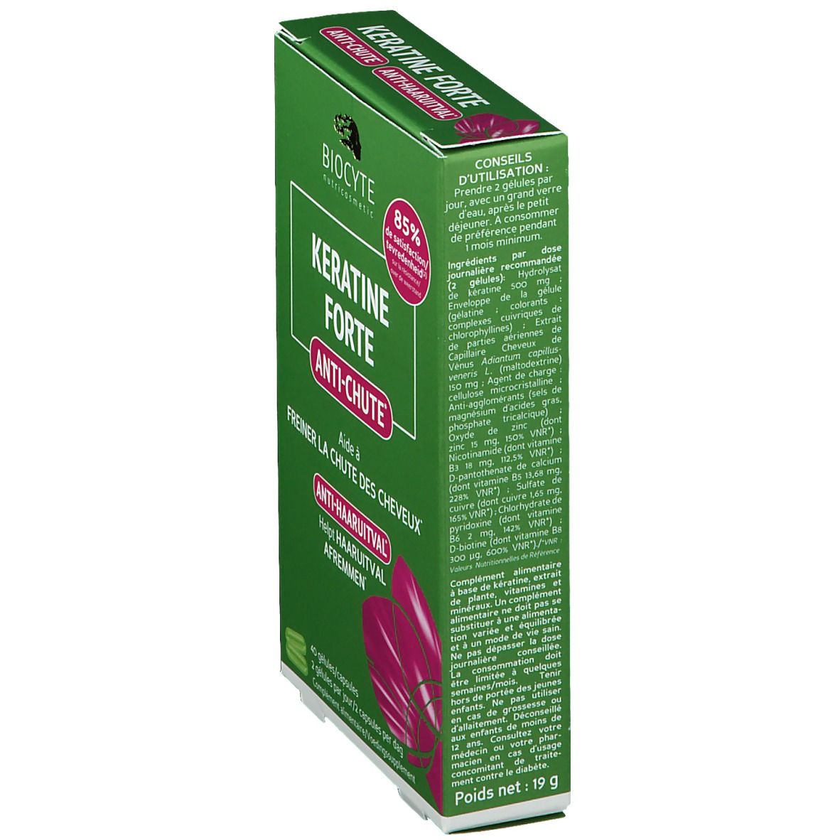 Groene doos Keratine Forte Anti-Chute. Merk Biocyte. Bevat informatie en ingrediënten.