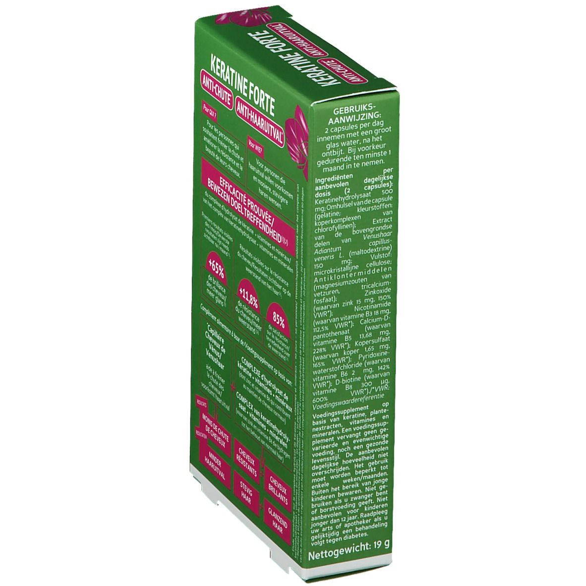 Zijaanzicht van de groene doos Keratine Forte Anti-Chute. Informatie over gebruik en ingrediënten.